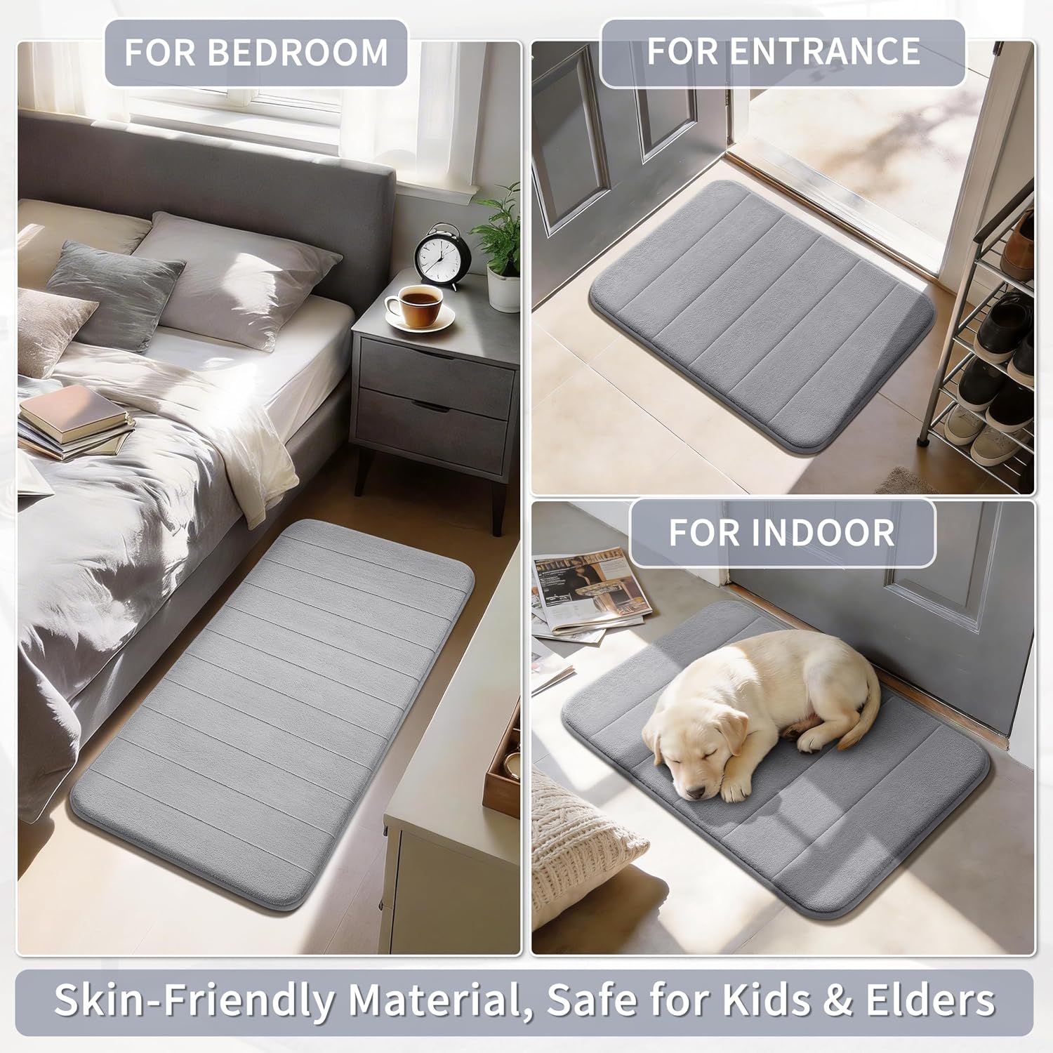 Demonstrates the versatility of the mat by showing it can be used in multiple home environments beyond the bathroom, and highlights its safety for kids, elders, and pets. Reassures shoppers that the…