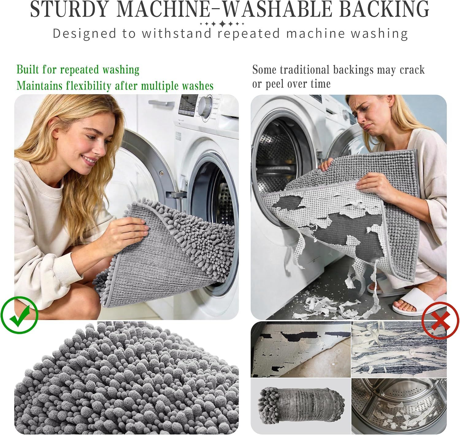 Compares the product's sturdy machine-washable backing that maintains flexibility after multiple washes against traditional backings that crack or peel over time, demonstrating superior durability.