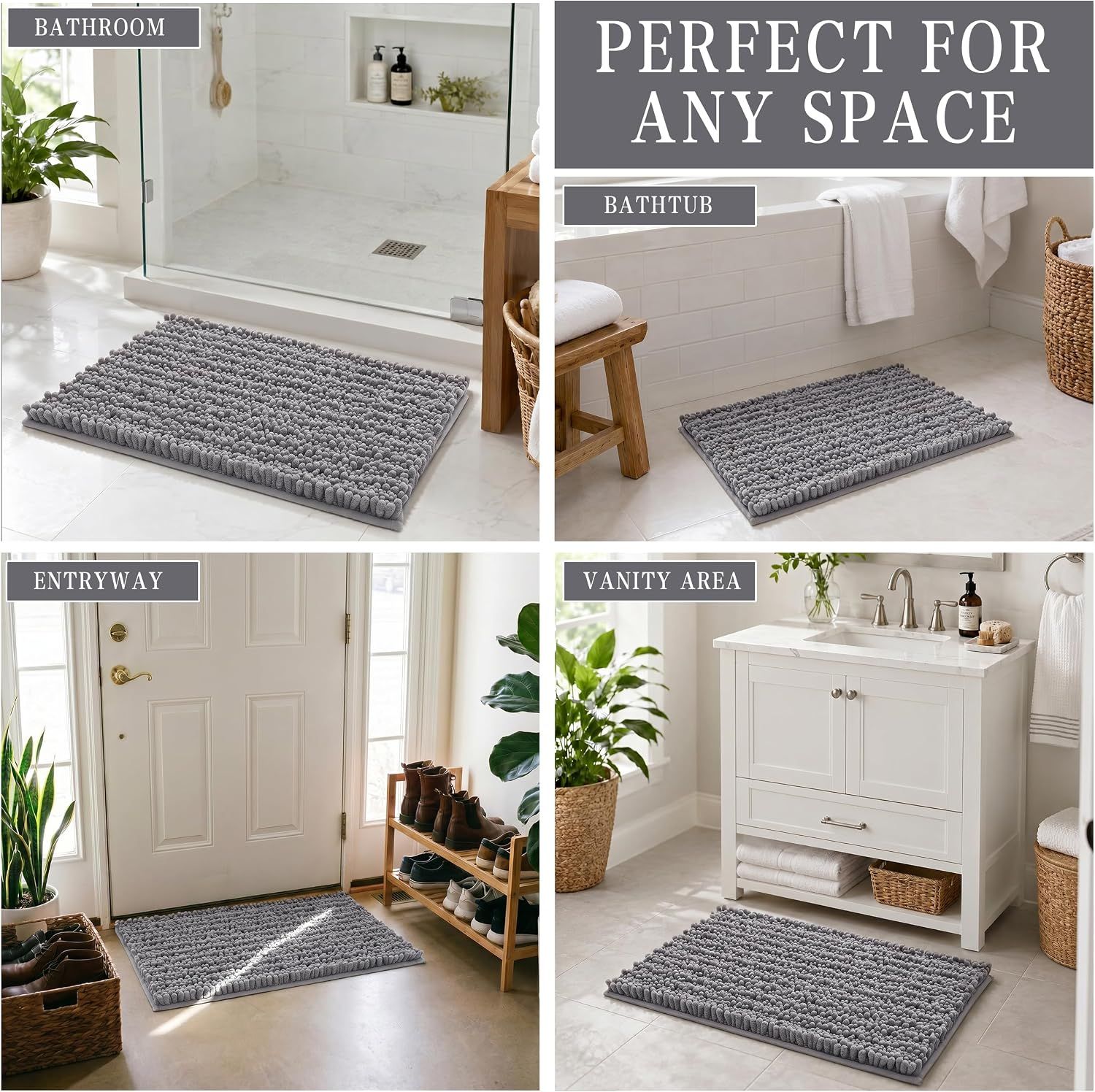 Shows the mat can be used in multiple spaces including bathroom, bathtub, entryway, and vanity area, demonstrating its versatility across different home environments.