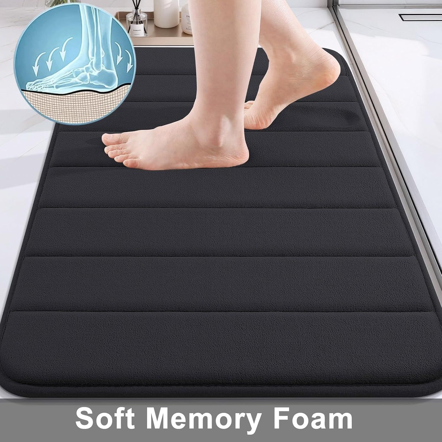 Highlights the soft memory foam material with a close-up of feet on the mat and a cross-section diagram, emphasizing comfort and cushioning for the user.