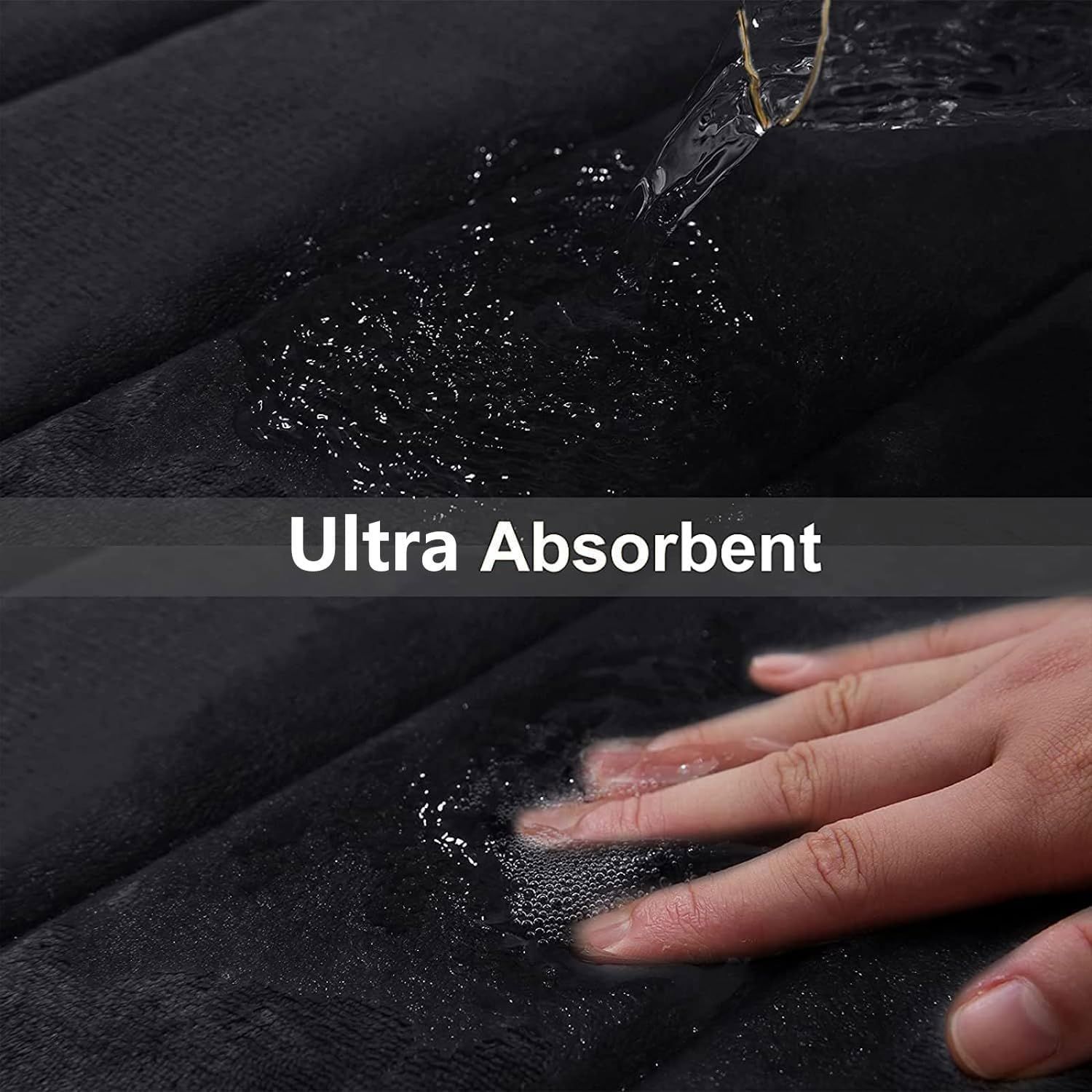 Demonstrates the mat's ultra-absorbent capability by showing water being poured and absorbed, reassuring shoppers that the mat quickly soaks up moisture.