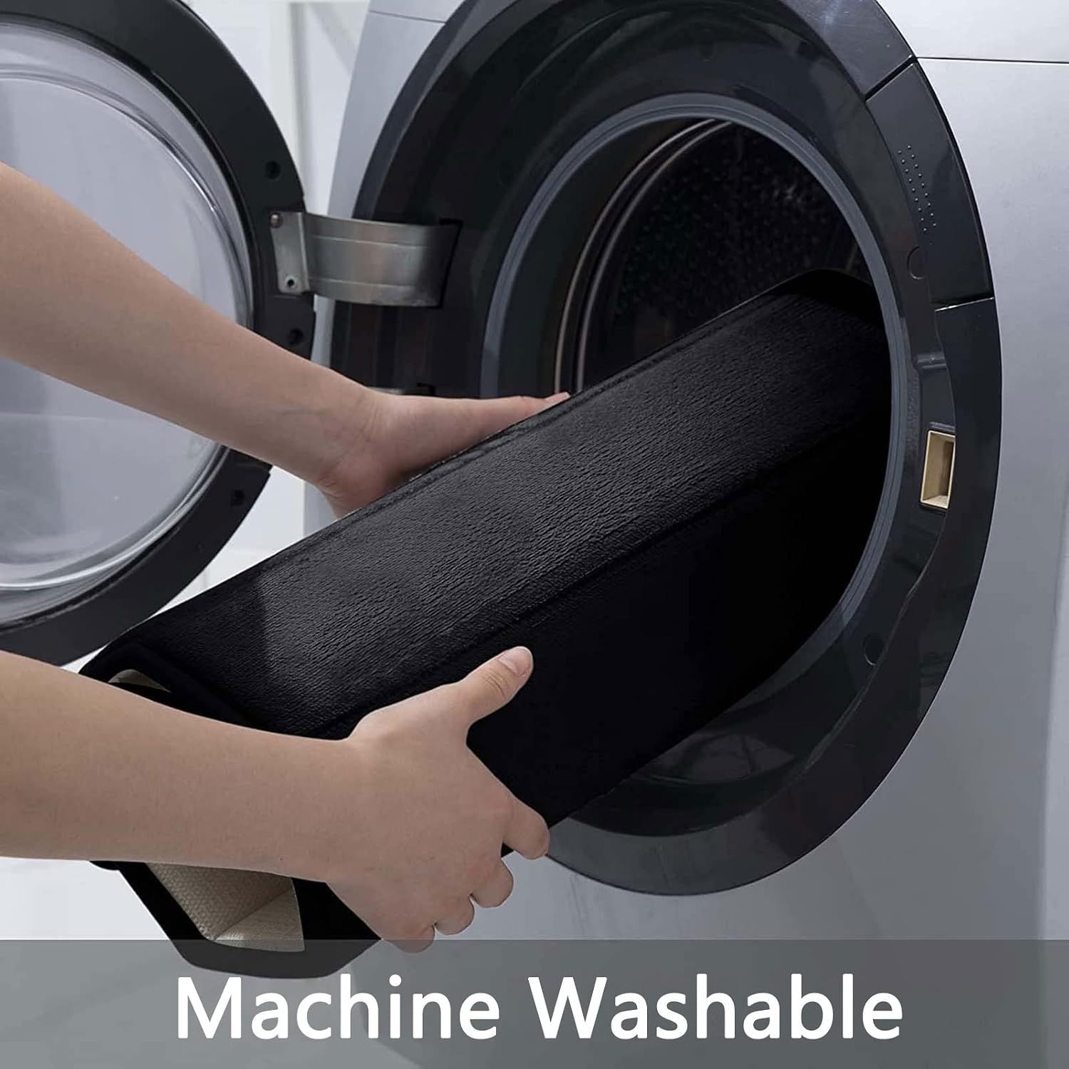 Shows that the mat is machine washable, communicating ease of cleaning and maintenance to shoppers for convenient care.