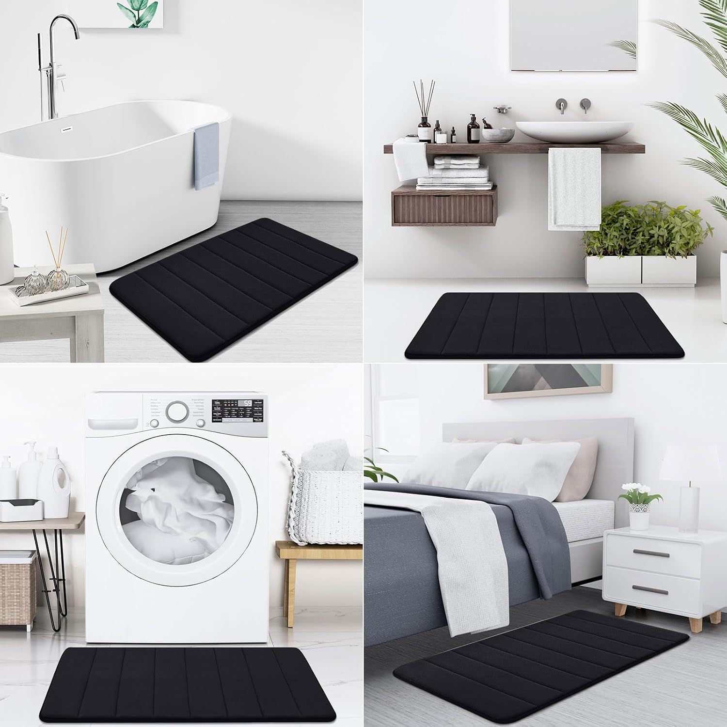 Demonstrates the product's versatility by showing it in four different environments: bathroom, vanity area, laundry room, and bedroom, highlighting its multi-room functionality.