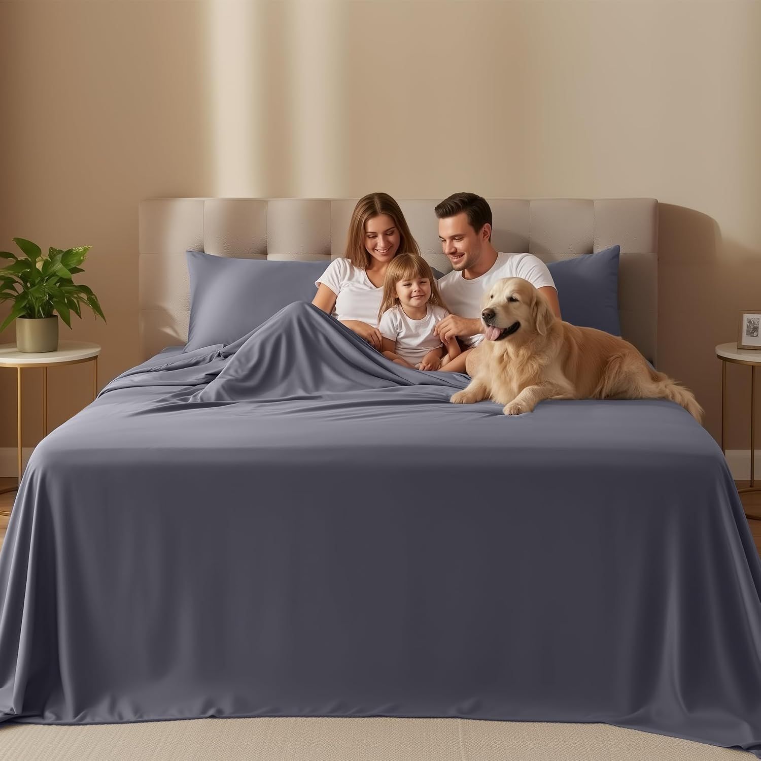Shows the product in a real-world bedroom setting with a family and pet to demonstrate its suitability for everyday family life.