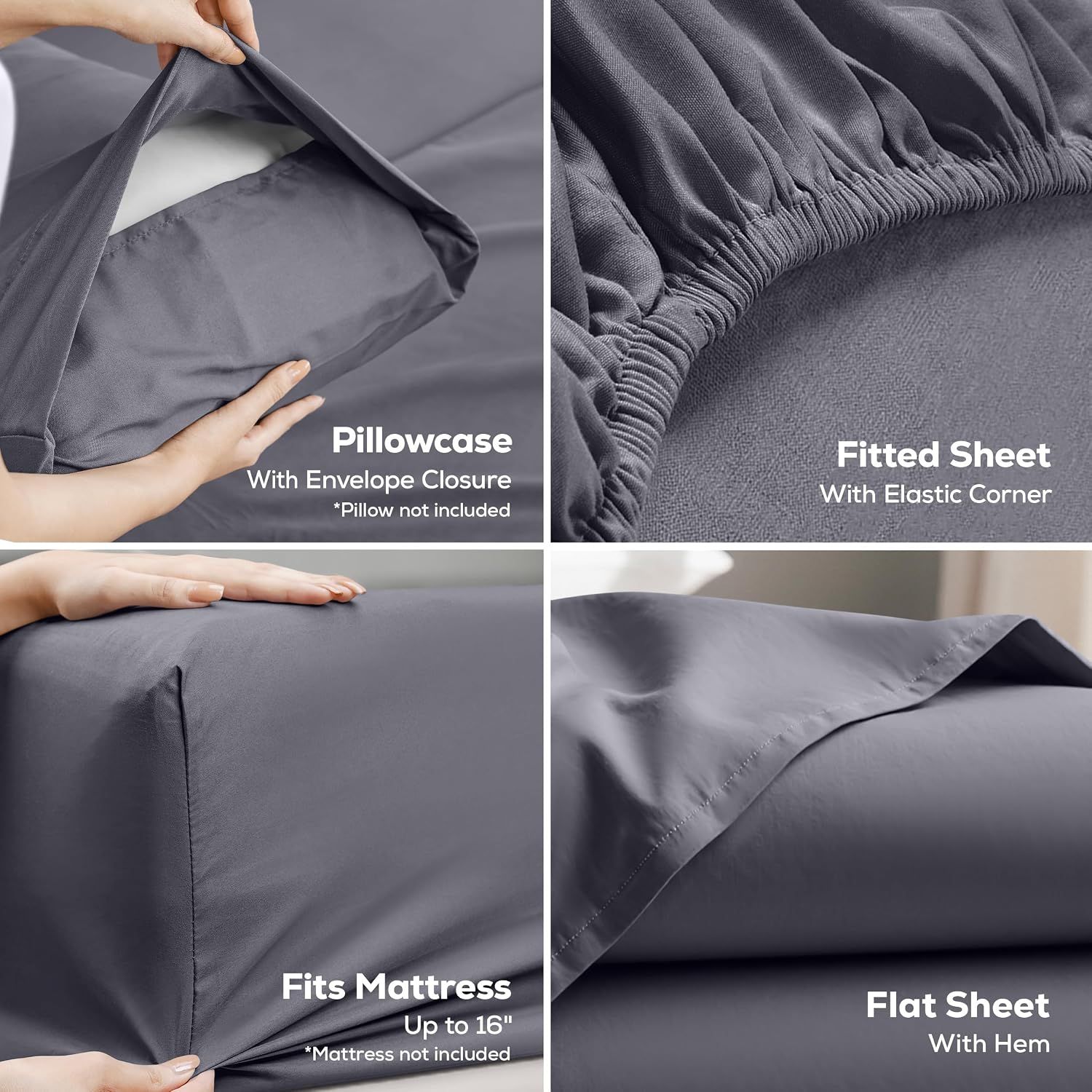 Highlights multiple design features across four segmented panels showing the pillowcase closure, fitted sheet elastic, mattress fit depth, and flat sheet hem construction.