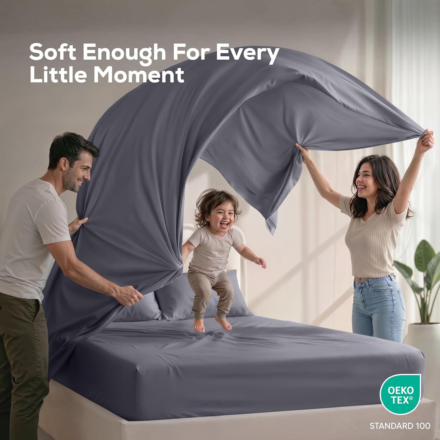 Emphasizes the product's softness for family use while displaying the OEKO-TEX Standard 100 safety certification badge. Reassures shoppers that the sheets are certified safe and free from harmful…