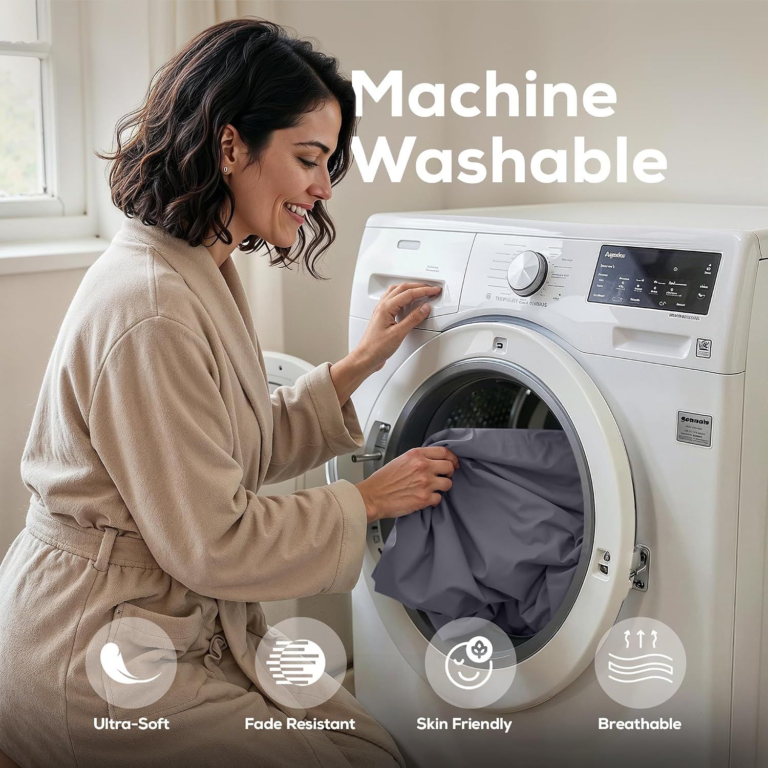 Highlights the care convenience and multiple fabric benefits through a lifestyle scene with the main headline and four labeled icons at the bottom.