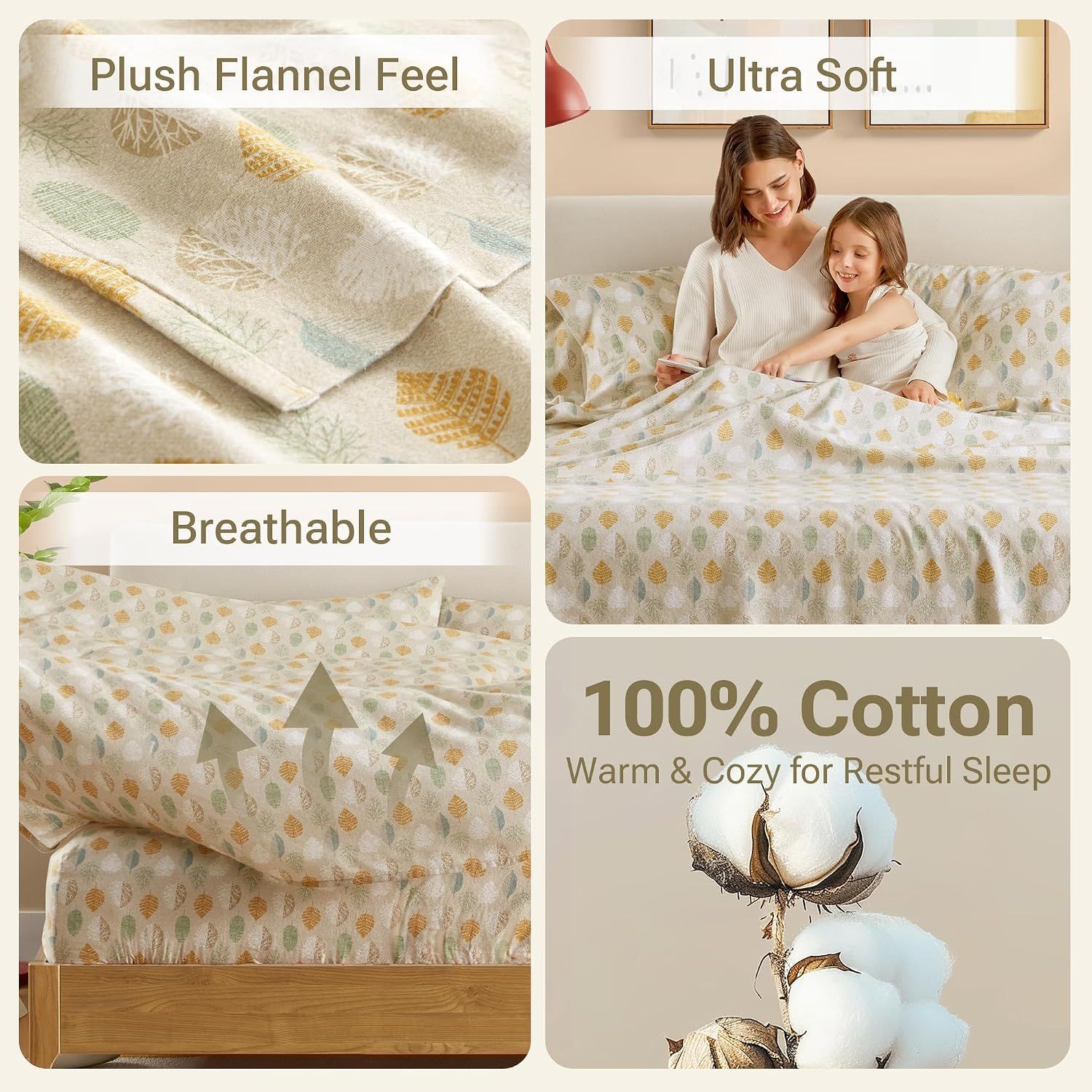 Showcases multiple distinct benefits of the flannel sheets in a segmented layout: softness, breathability, and natural cotton material, reassuring shoppers of quality and comfort.