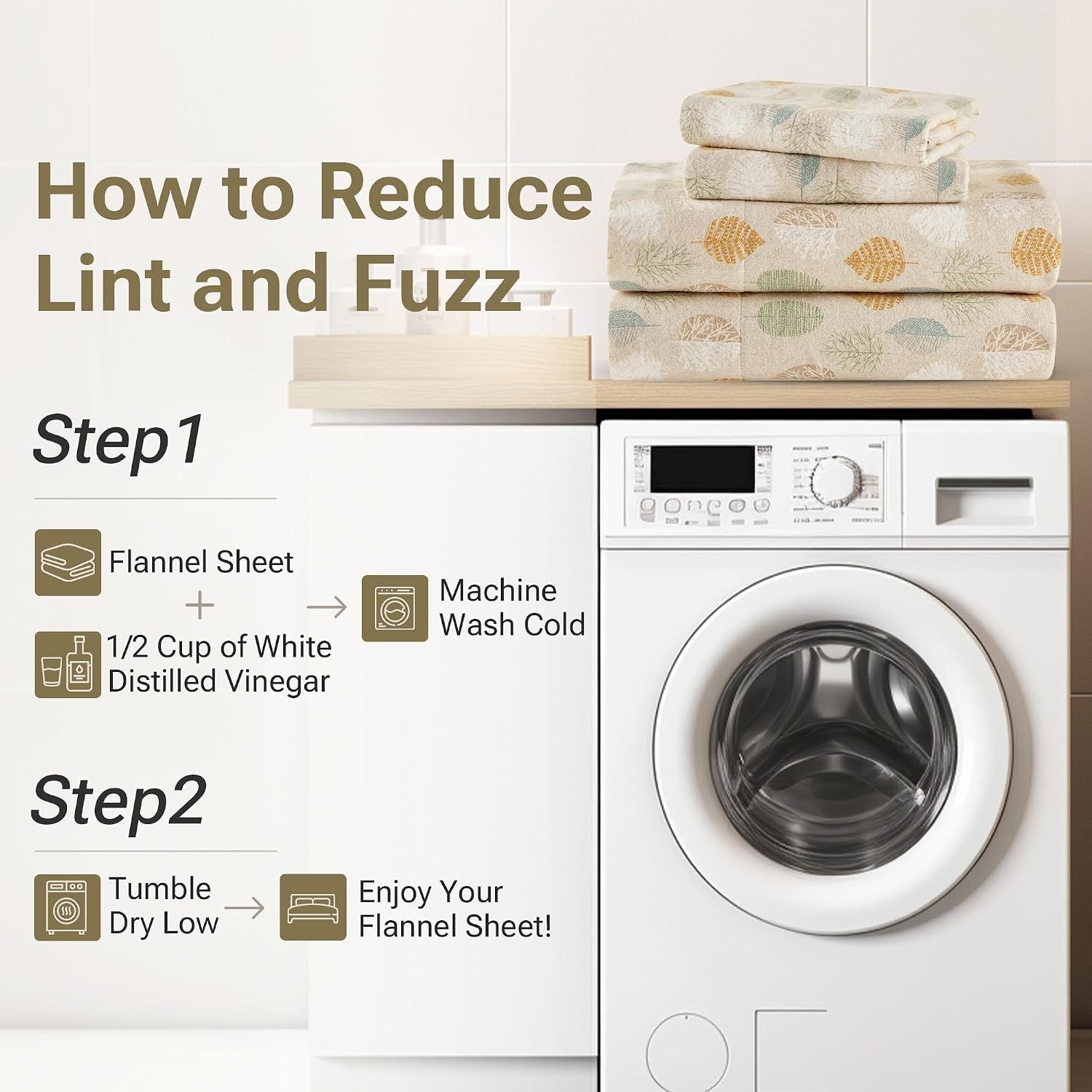 Provides step-by-step care instructions for reducing lint and fuzz on flannel sheets, helping customers maintain product quality through proper washing and drying.