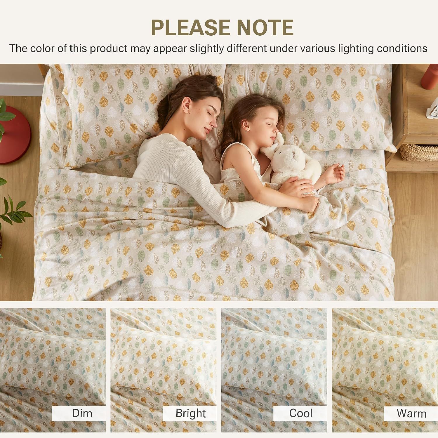 Shows the product in a real bedroom setting with users sleeping peacefully, demonstrating the product's comfort in everyday use. The top disclaimer about color variation is informational only.