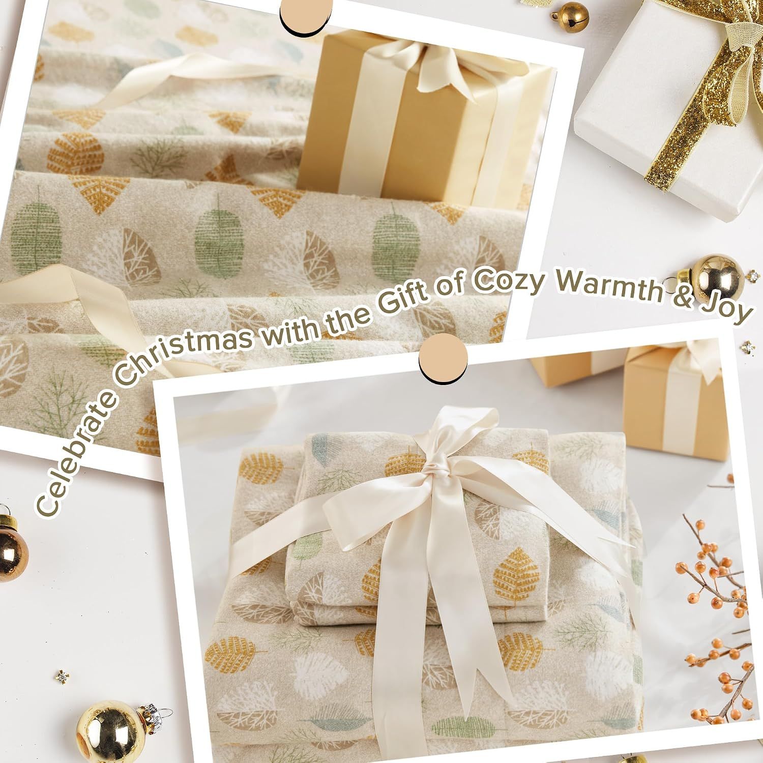 Positions the flannel sheets as a Christmas gift option, emphasizing cozy warmth and joy for the holiday season to encourage gift purchases.
