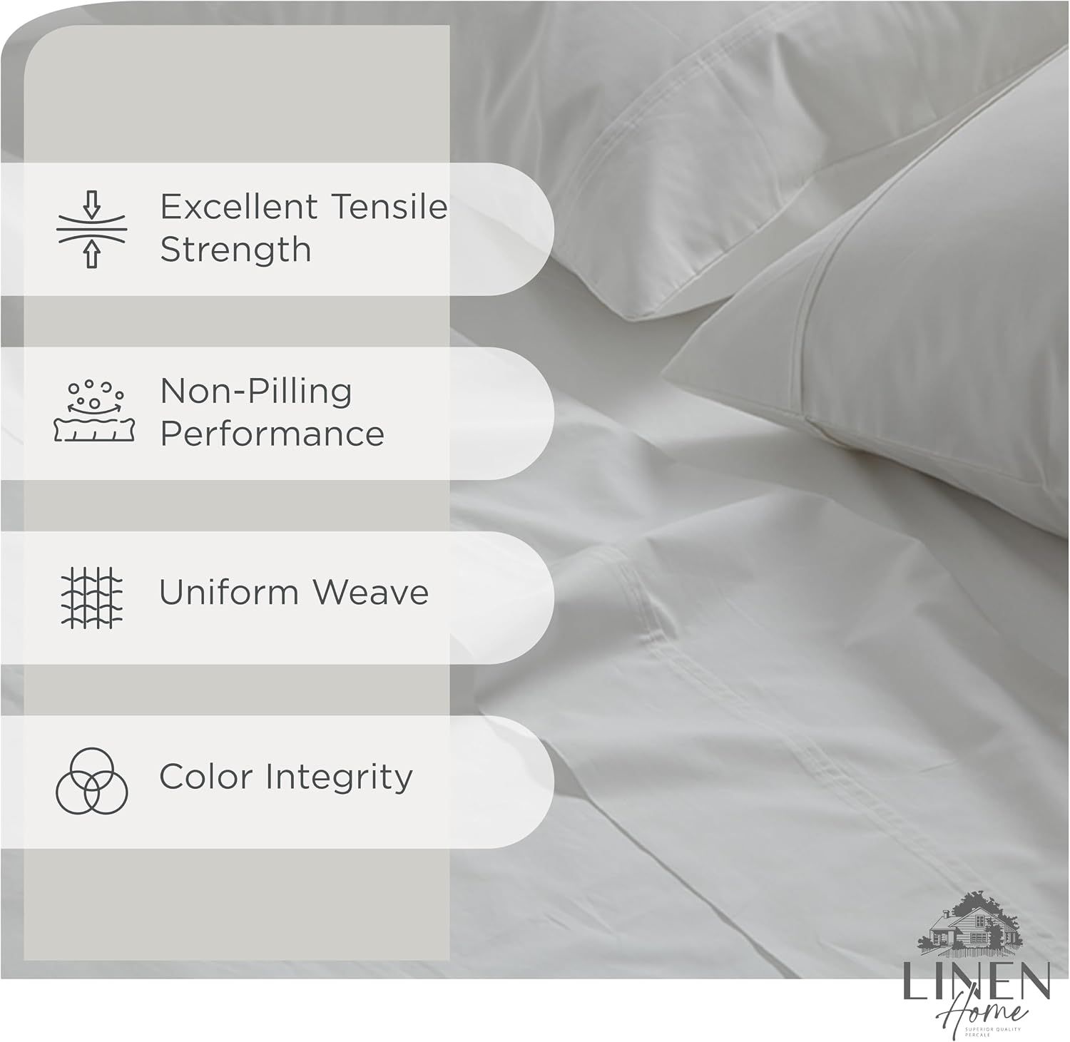 Highlights multiple quality attributes of the fabric to reassure shoppers of the product's durability, appearance retention, and overall superior construction.