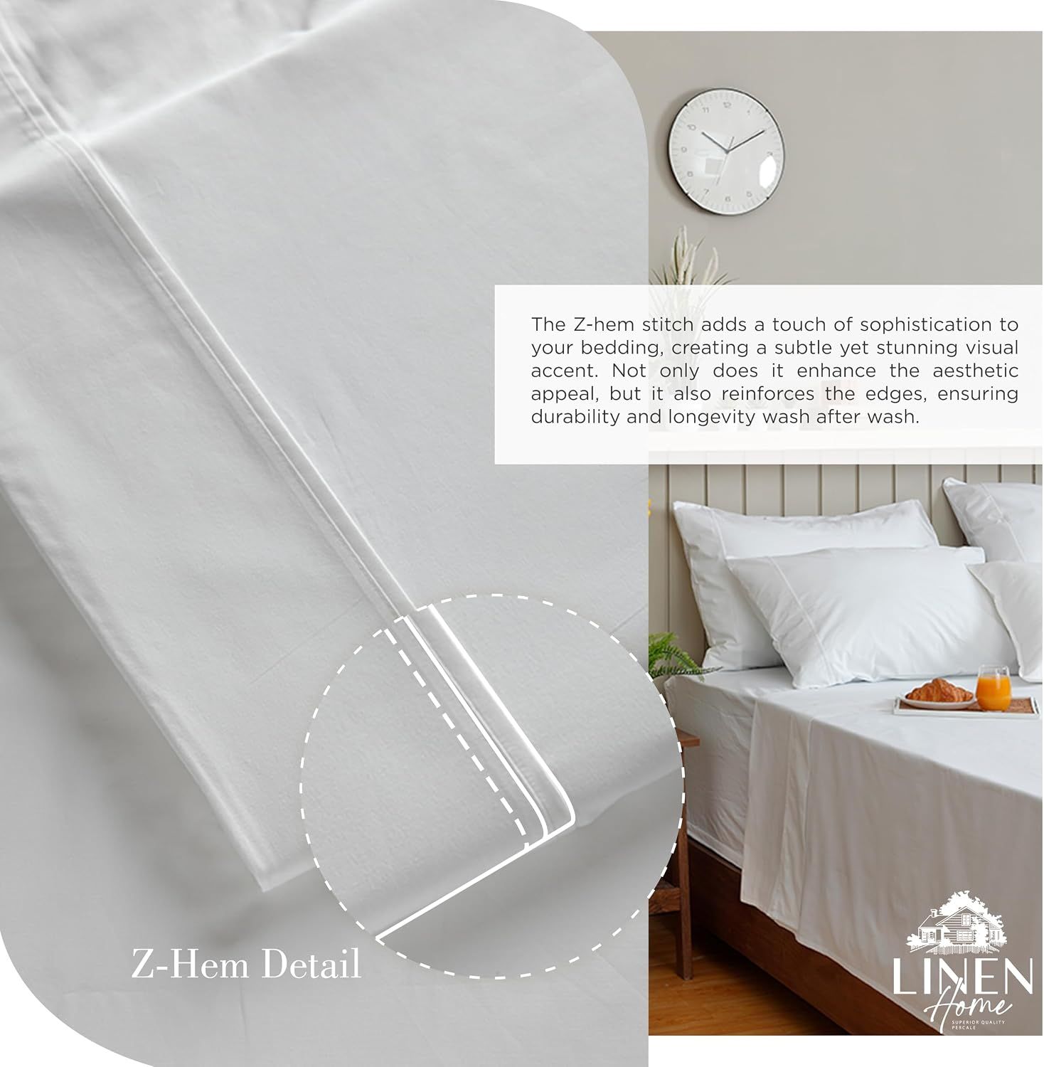 Highlights the Z-hem stitching detail to show how this construction feature adds sophistication, aesthetic appeal, and reinforces durability. Communicates the aesthetic and durability benefit of the…
