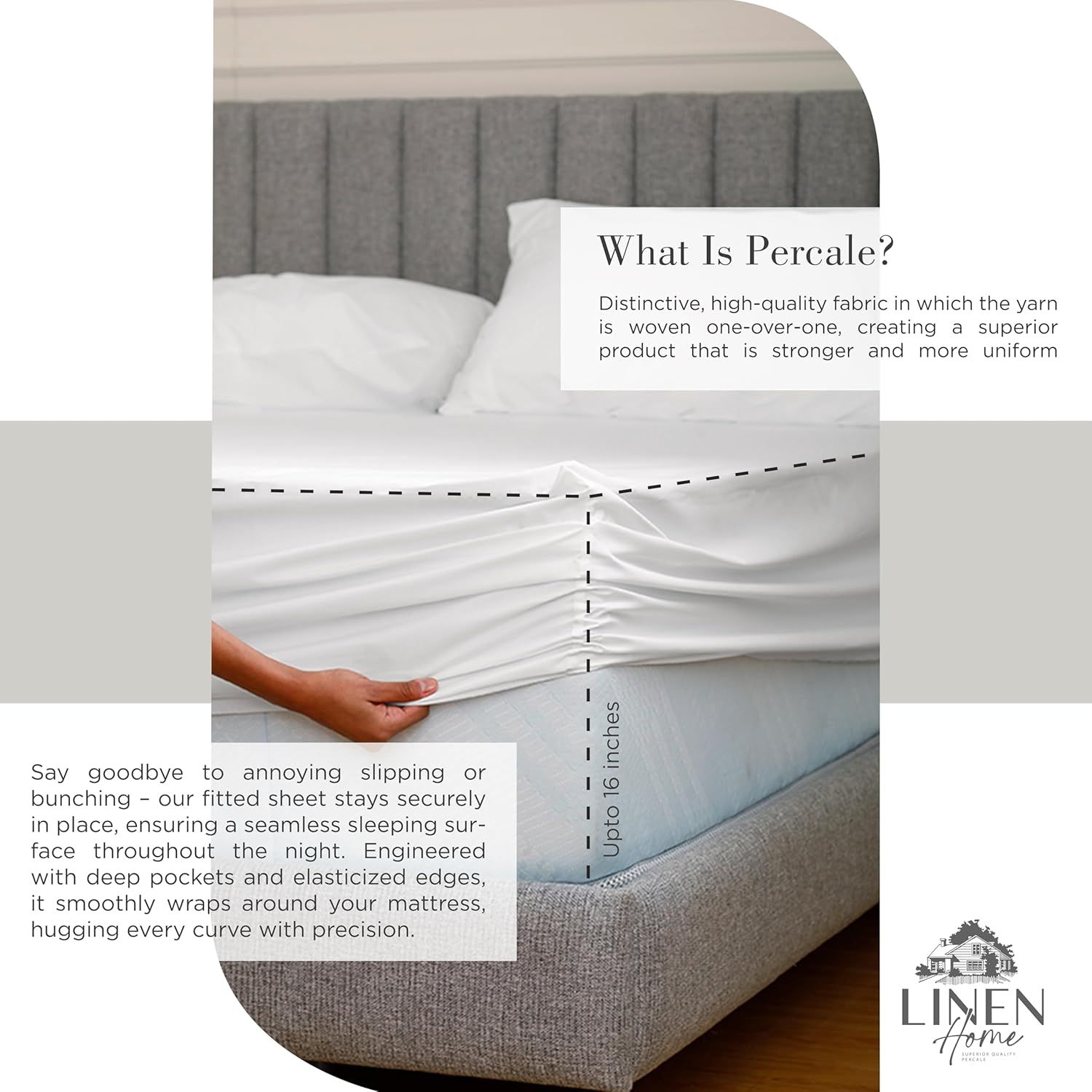 Explains what percale fabric is and highlights multiple benefits including secure fit, deep pockets, and elasticized edges to reassure shoppers of quality and functionality.