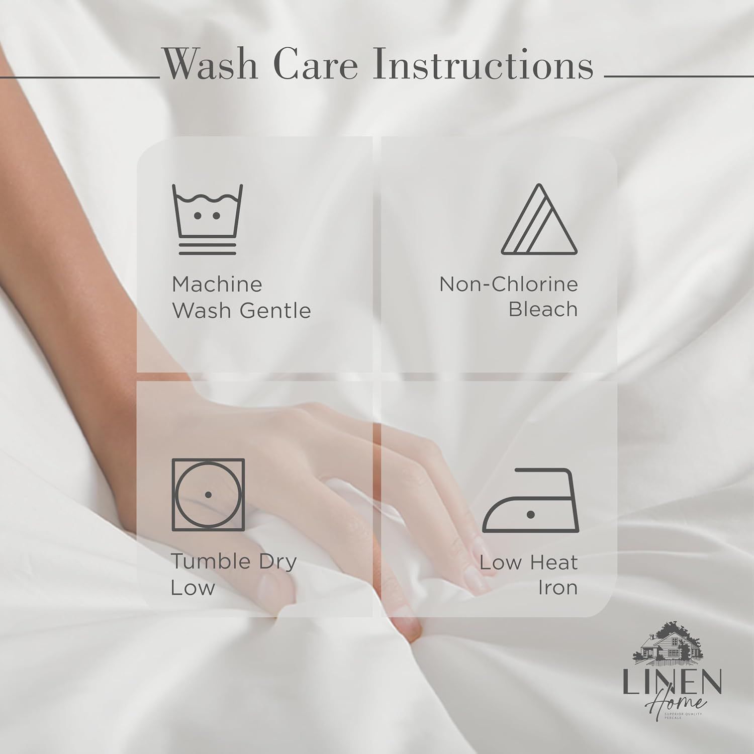 Provides clear care instructions showing how to properly wash and maintain the bedding to ensure longevity and performance.