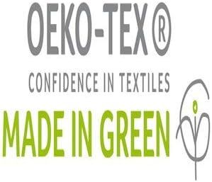 Displays the OEKO-TEX Made in Green certification logo to reassure shoppers of the product's environmental responsibility and textile safety standards.