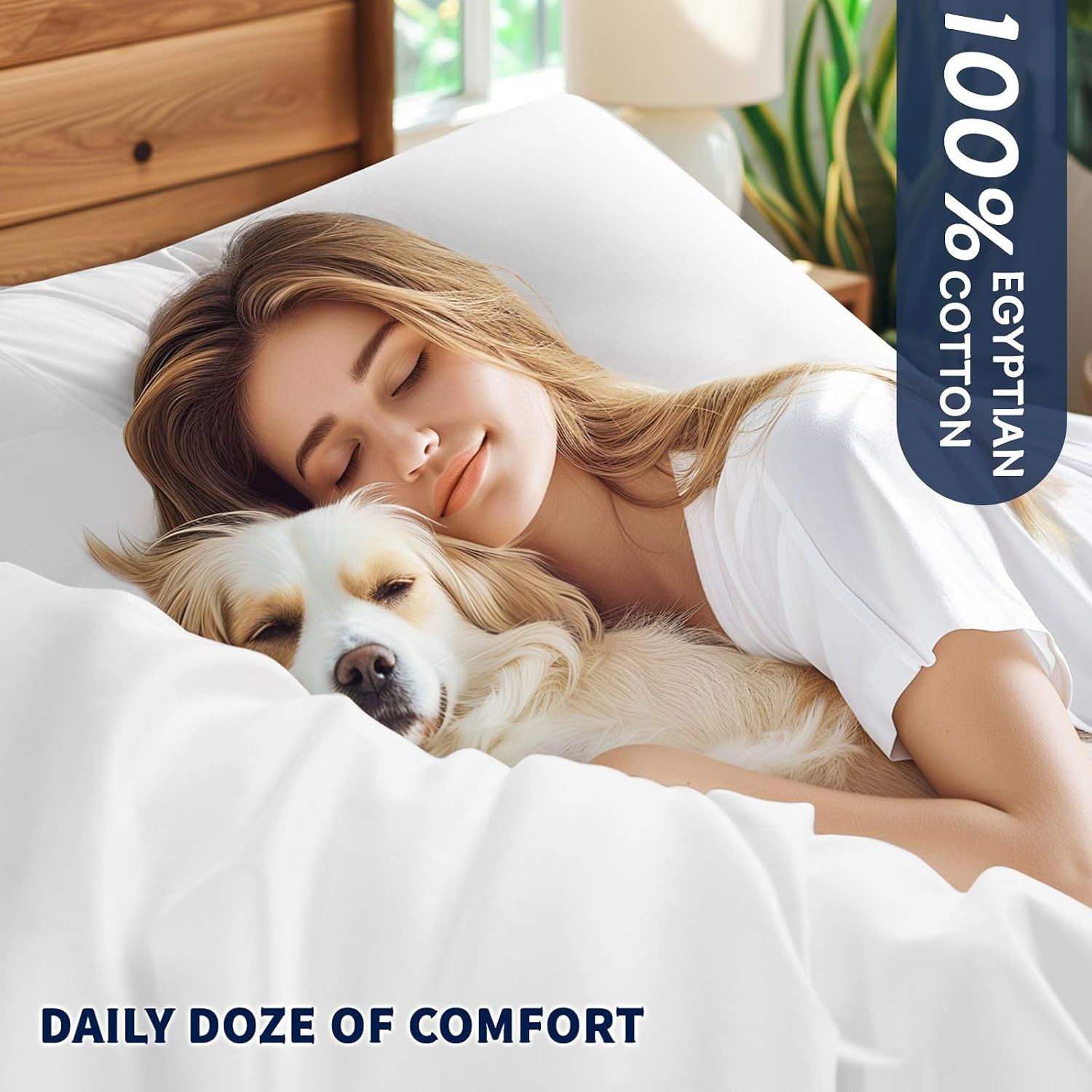 Communicates the comfort and quality of the sheets through a lifestyle scene with a simple headline, reassuring shoppers of a restful sleep experience.