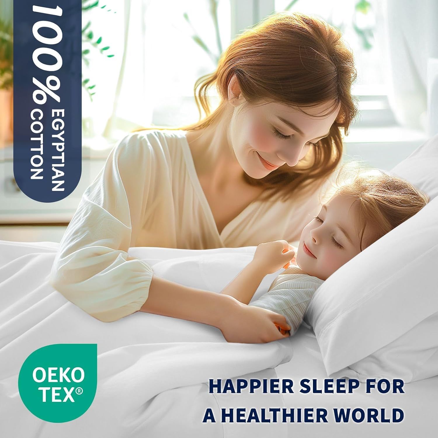 Highlights the OEKO-TEX certification to reassure shoppers that the sheets are tested for harmful chemicals and safe for the whole family, including children. Communicates the health and safety…