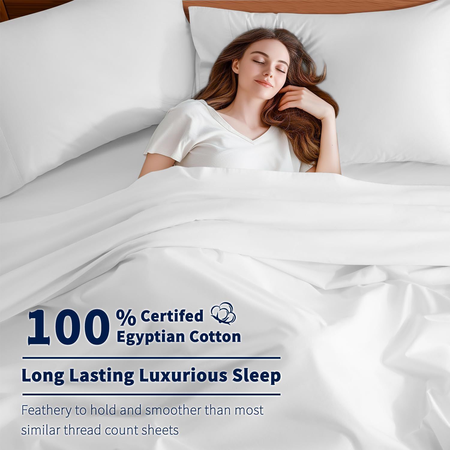 Highlights the 100% Egyptian cotton material as a key quality metric, reassuring shoppers of premium material and long-lasting luxury. Communicates the premium quality and luxurious sleep benefit of…