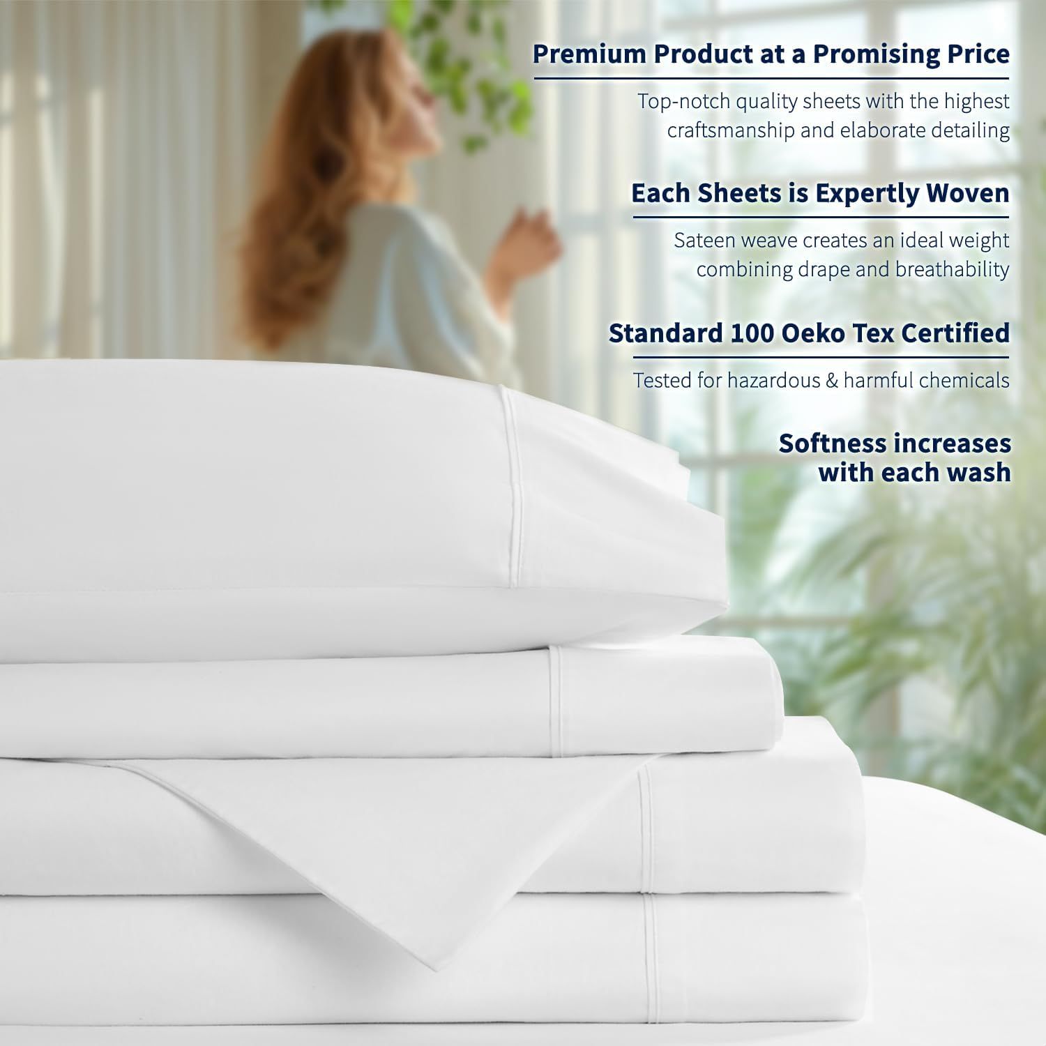 Highlights multiple selling benefits in a segmented layout, including premium craftsmanship, breathability, safety certification, and improved softness over time.