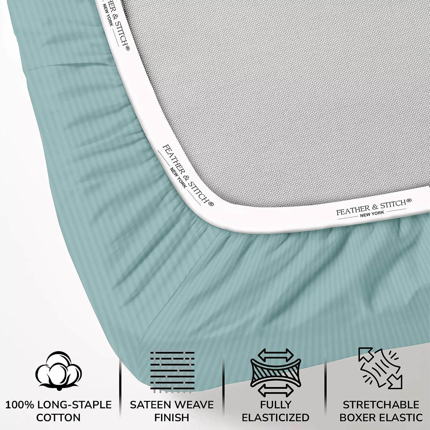 Highlights multiple material and construction benefits of the sheet set, including premium cotton, sateen finish, elasticized fit, and stretchable elastic to reassure shoppers of quality and…