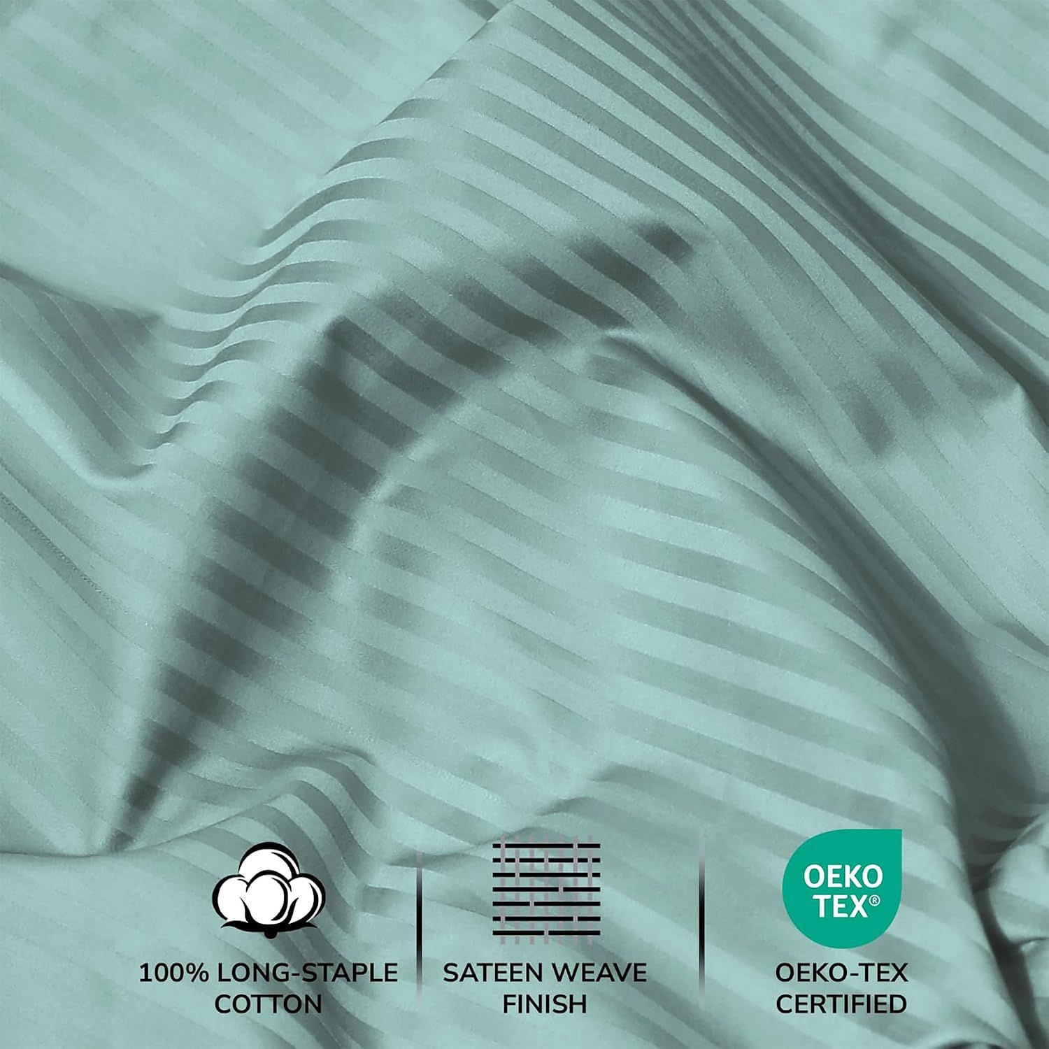 Communicates multiple product benefits including premium cotton material, sateen weave finish, and safety certification to reassure shoppers of quality and safety standards. Highlights the OEKO-TEX…