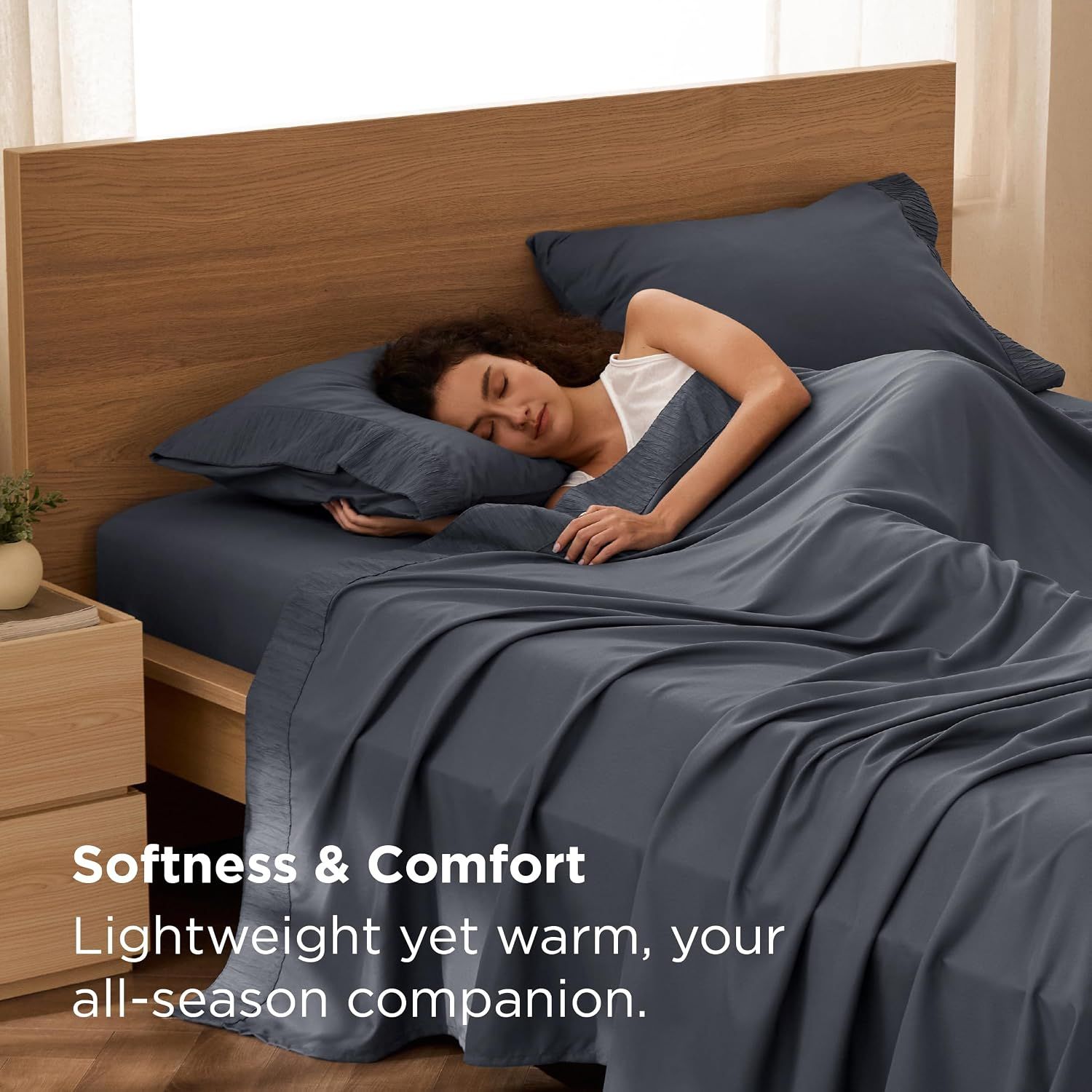 Communicates the bedding's comfort and all-season versatility, reassuring shoppers that the product is both soft and suitable for year-round use.