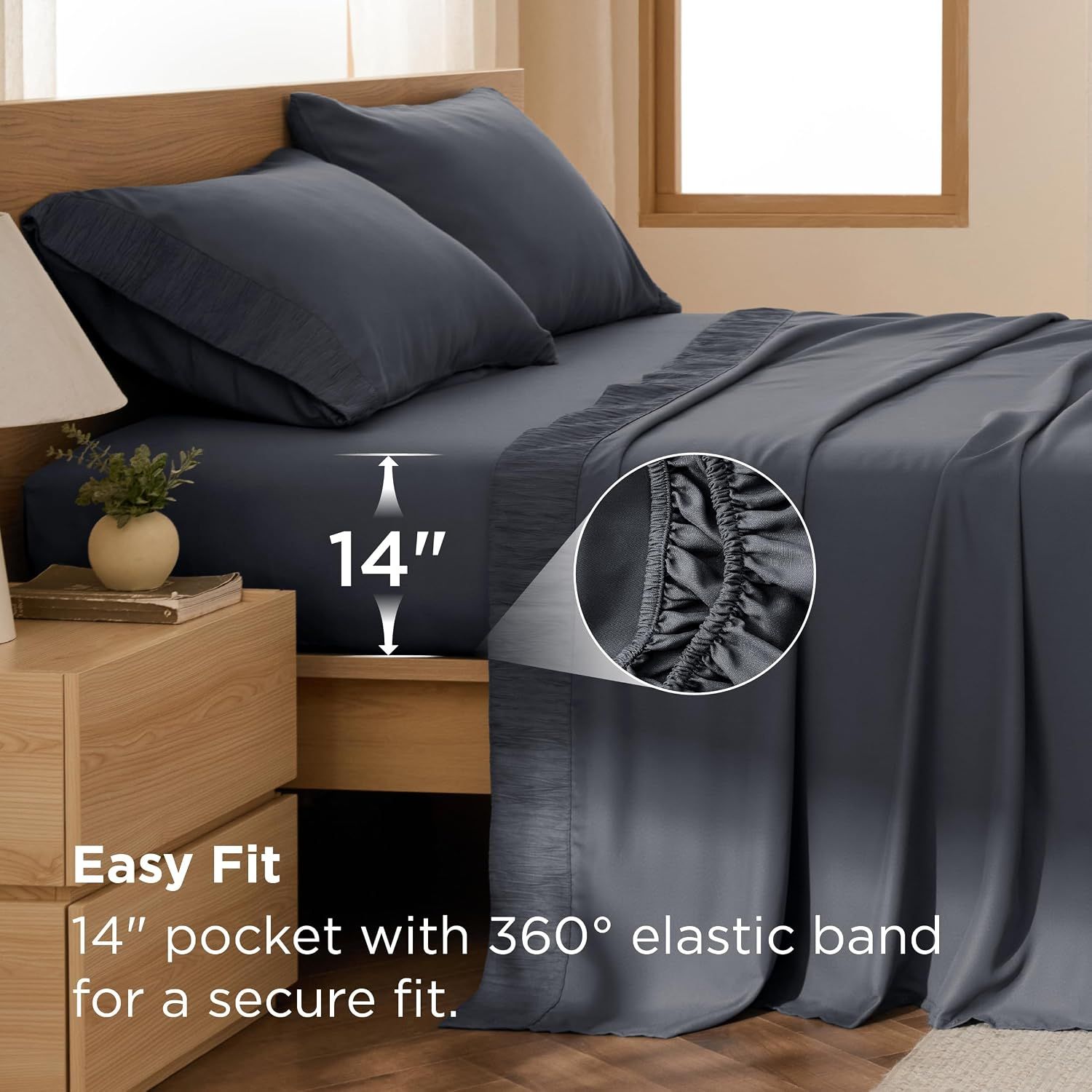 Demonstrates the fitted sheet's 14-inch deep pocket and 360-degree elastic band, reassuring shoppers that it will fit securely on their mattress.
