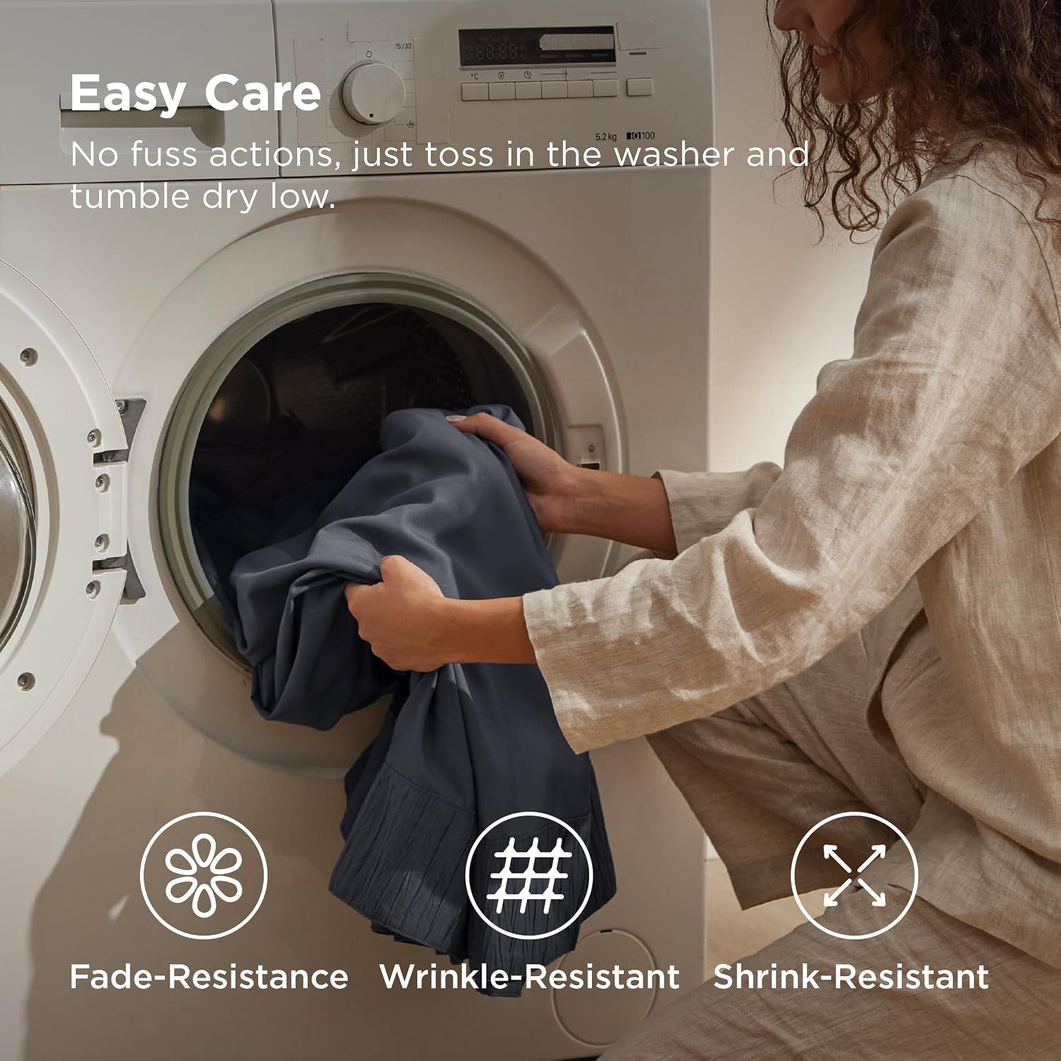 Highlights multiple care benefits in a segmented layout, reassuring shoppers that the bedding is low-maintenance and durable through washing.