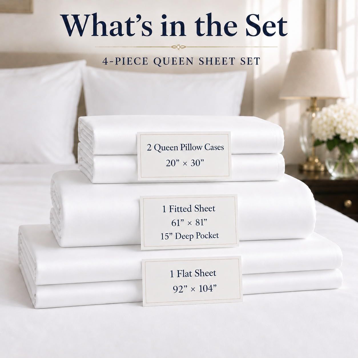 Shows the customer exactly what items are included in the 4-piece queen sheet set with labeled dimensions for each component.