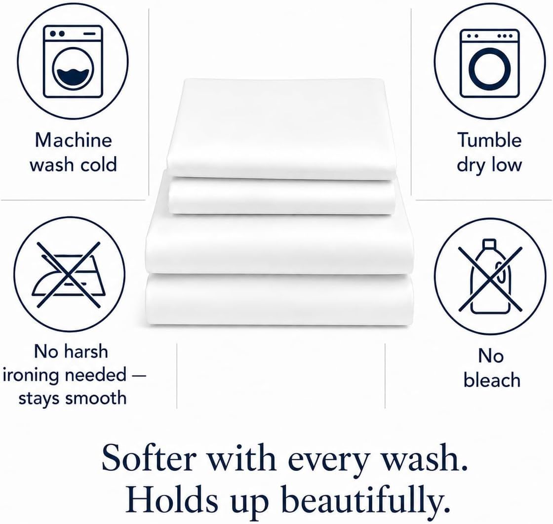Provides clear care instructions showing how to wash and maintain the sheets to preserve quality and softness. Reassures shoppers that the sheets are easy to care for and will maintain their…
