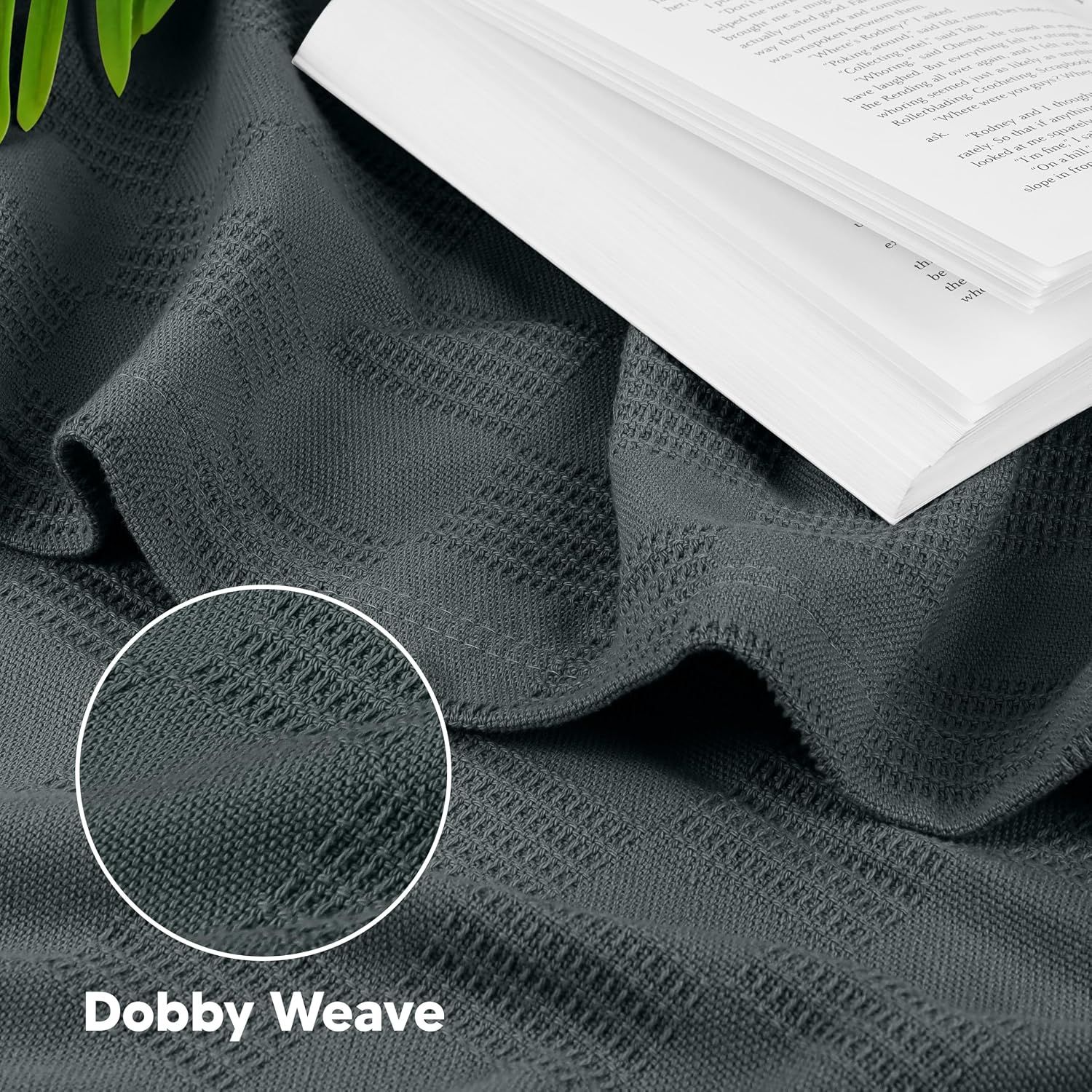 Highlights the dobby weave texture of the blanket with a close-up zoom and label, emphasizing the fabric quality and visual appeal.