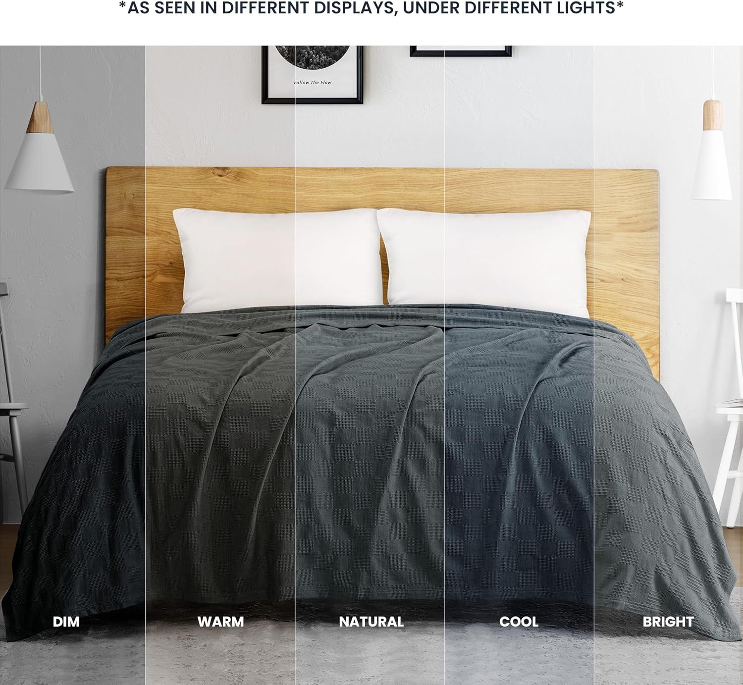 Demonstrates how the blanket appears under different lighting conditions (dim, warm, natural, cool, bright) to set accurate color expectations for shoppers.