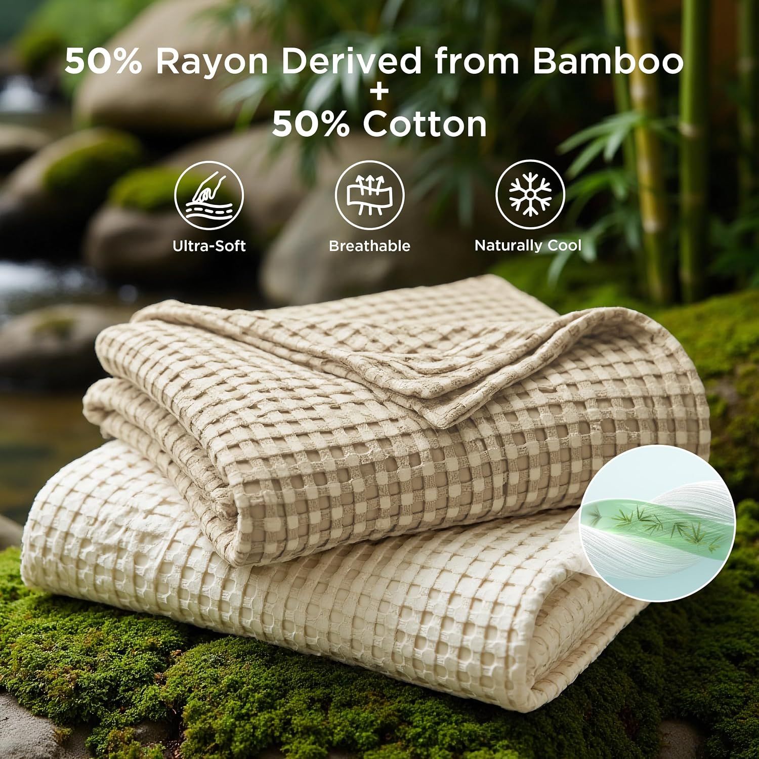 Highlights multiple material benefits of the bamboo-cotton blend, emphasizing softness, breathability, and cooling properties to reassure shoppers of comfort and quality.