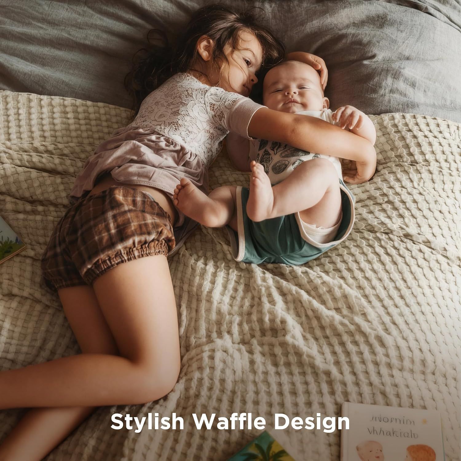 Showcases the aesthetic waffle texture of the blanket in a lifestyle setting, emphasizing style and visual appeal for home decor.