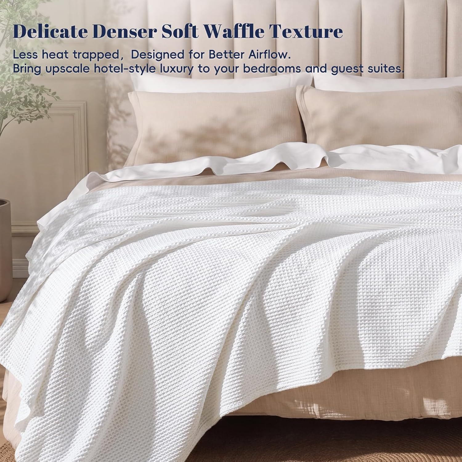 Highlights the product's delicate waffle texture and breathability to communicate comfort, luxury, and superior airflow for a premium sleep experience.
