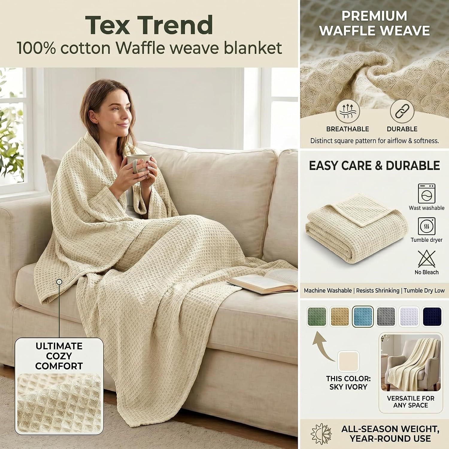 Showcases multiple selling benefits of the blanket in a segmented layout, including material quality, breathability, durability, care instructions, seasonal versatility, and color variety to…
