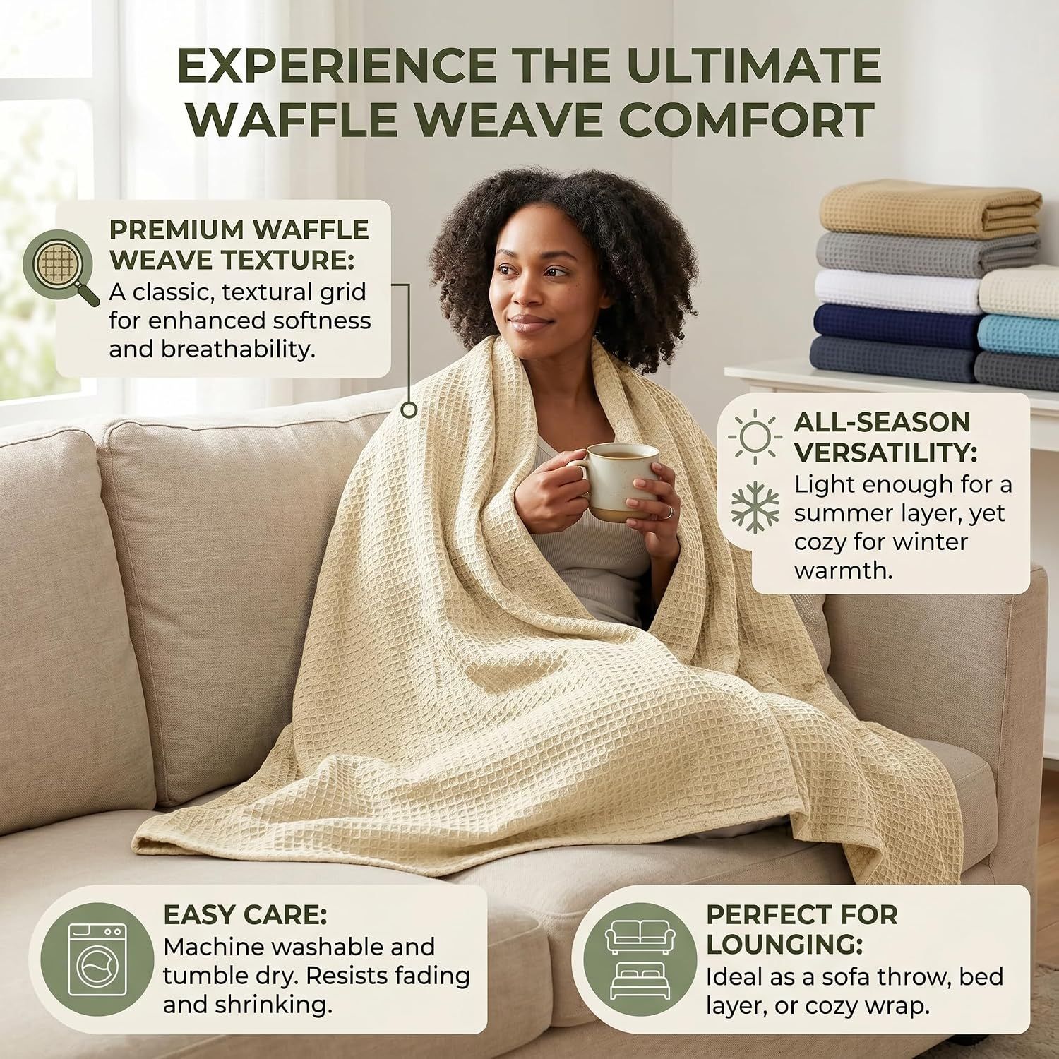 Highlights multiple distinct benefits in a segmented layout including texture quality, seasonal versatility, care convenience, and usage scenarios to communicate comprehensive product advantages.