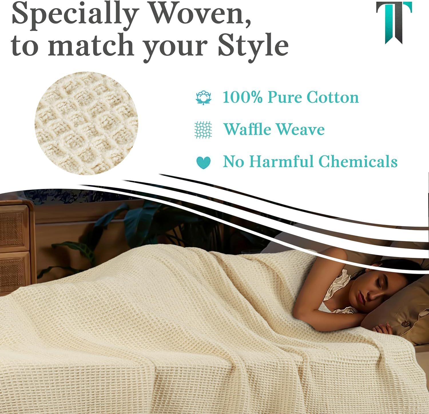 Communicates the premium material composition and safety of the blanket, emphasizing pure cotton construction, waffle weave texture, and chemical-free manufacturing to reassure health-conscious…