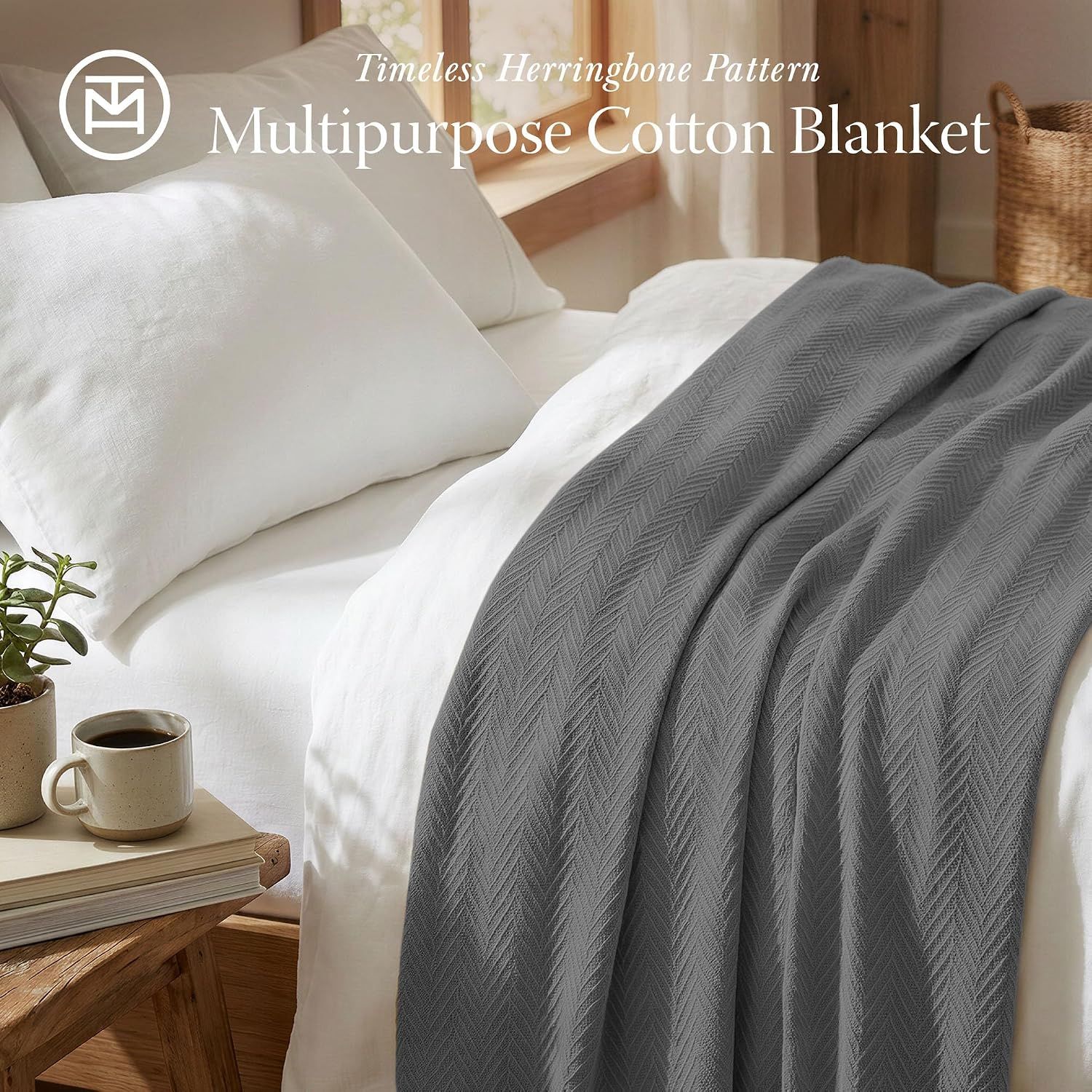 Showcases the blanket in a real-world bedroom setting to help shoppers visualize the product's aesthetic appeal and how it fits into home décor.