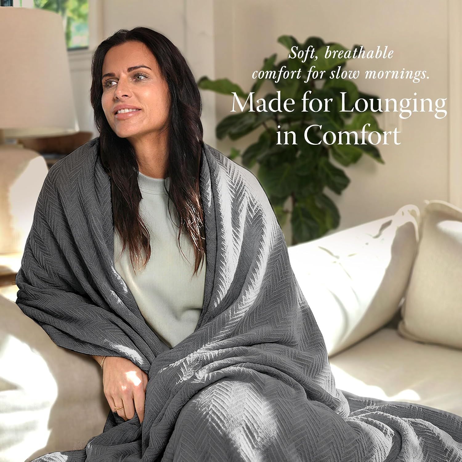 Communicates the blanket's soft, breathable comfort ideal for relaxed lounging, reassuring shoppers of cozy, everyday usability.