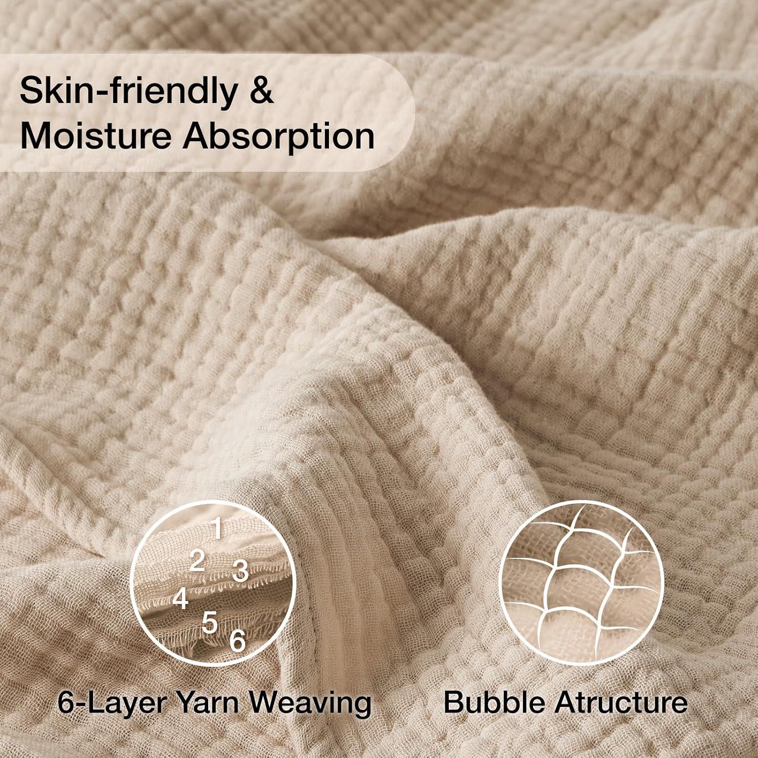 Breaks down the physical construction of the blanket to show the 6-layer weaving and bubble structure that enable skin-friendliness and moisture absorption. Highlights two key benefits of the…