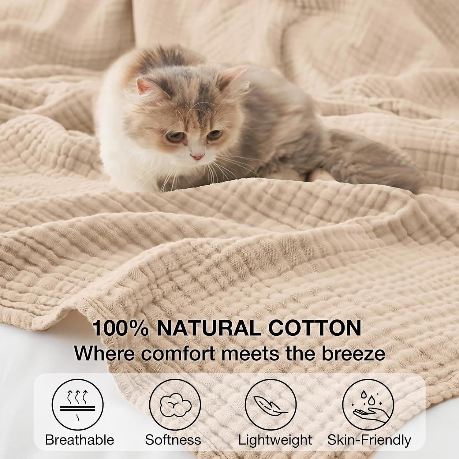 Communicates multiple benefits of the natural cotton material through icons and text to reassure shoppers about comfort, breathability, and safety.