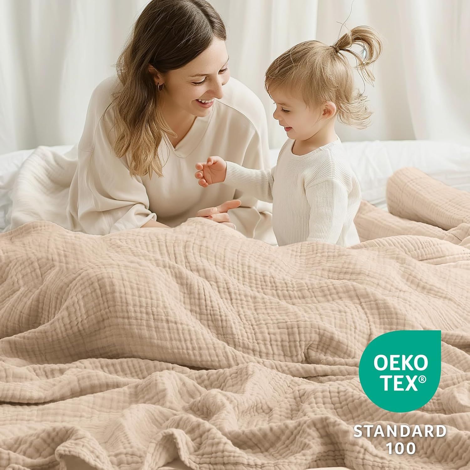 Displays the OEKO-TEX certification to reassure shoppers that the blanket is safe, non-toxic, and tested for harmful substances, especially important for families with children. Highlights the…