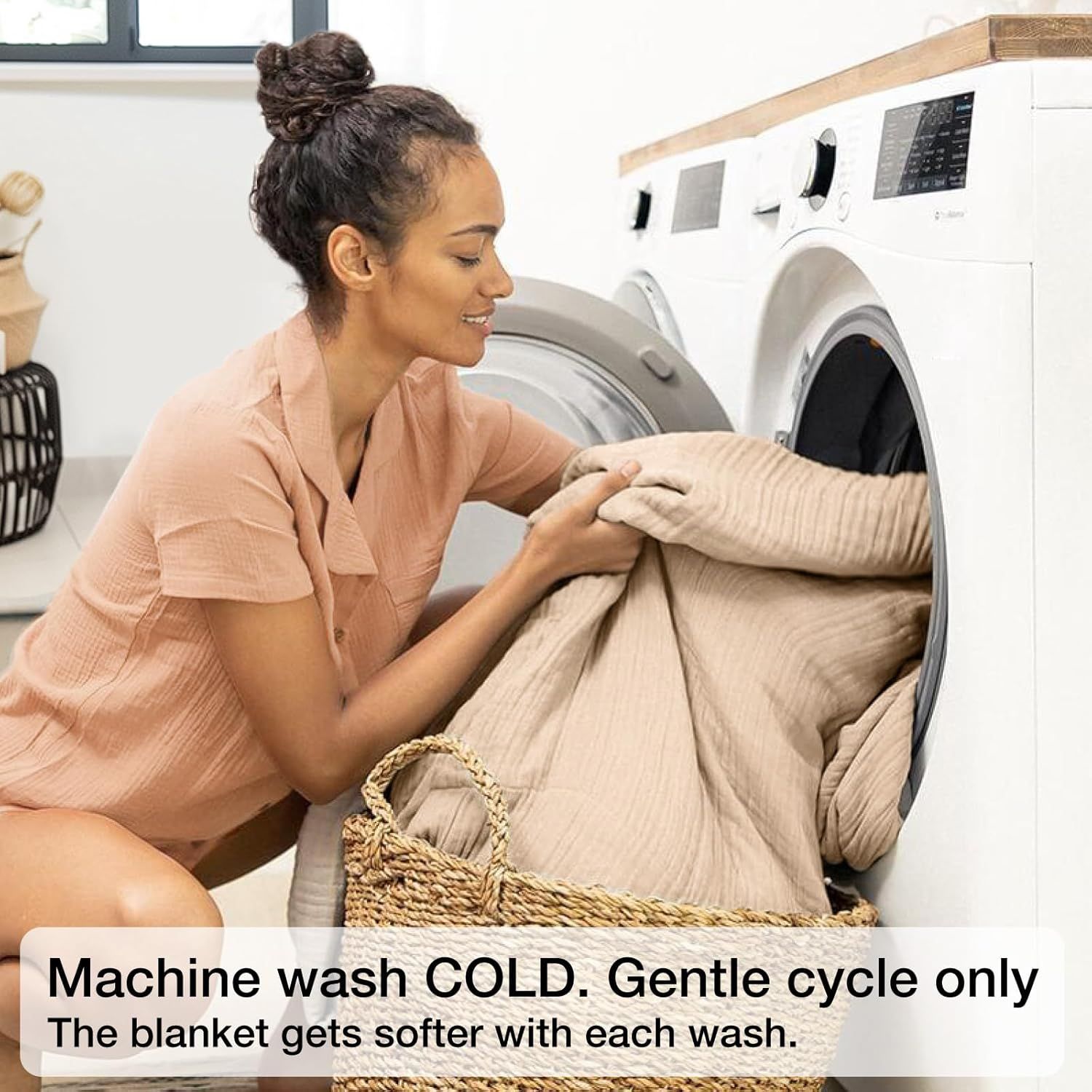 Instructs shoppers on proper care and washing to maintain the blanket's quality and softness over time. Communicates the convenience of machine washing to reassure shoppers about low-maintenance care.