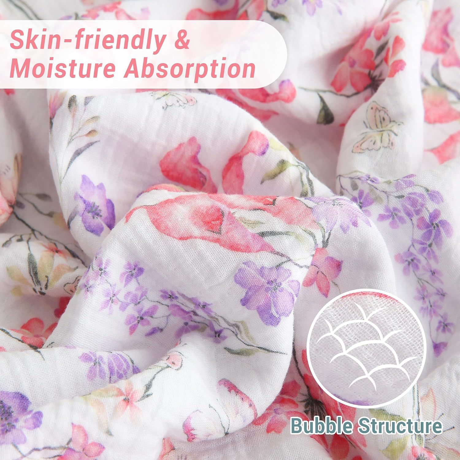 Uses a zoomed-in circle to highlight the physical bubble structure of the fabric, demonstrating the material's skin-friendly and moisture-absorbing properties. Communicates the comfort and…