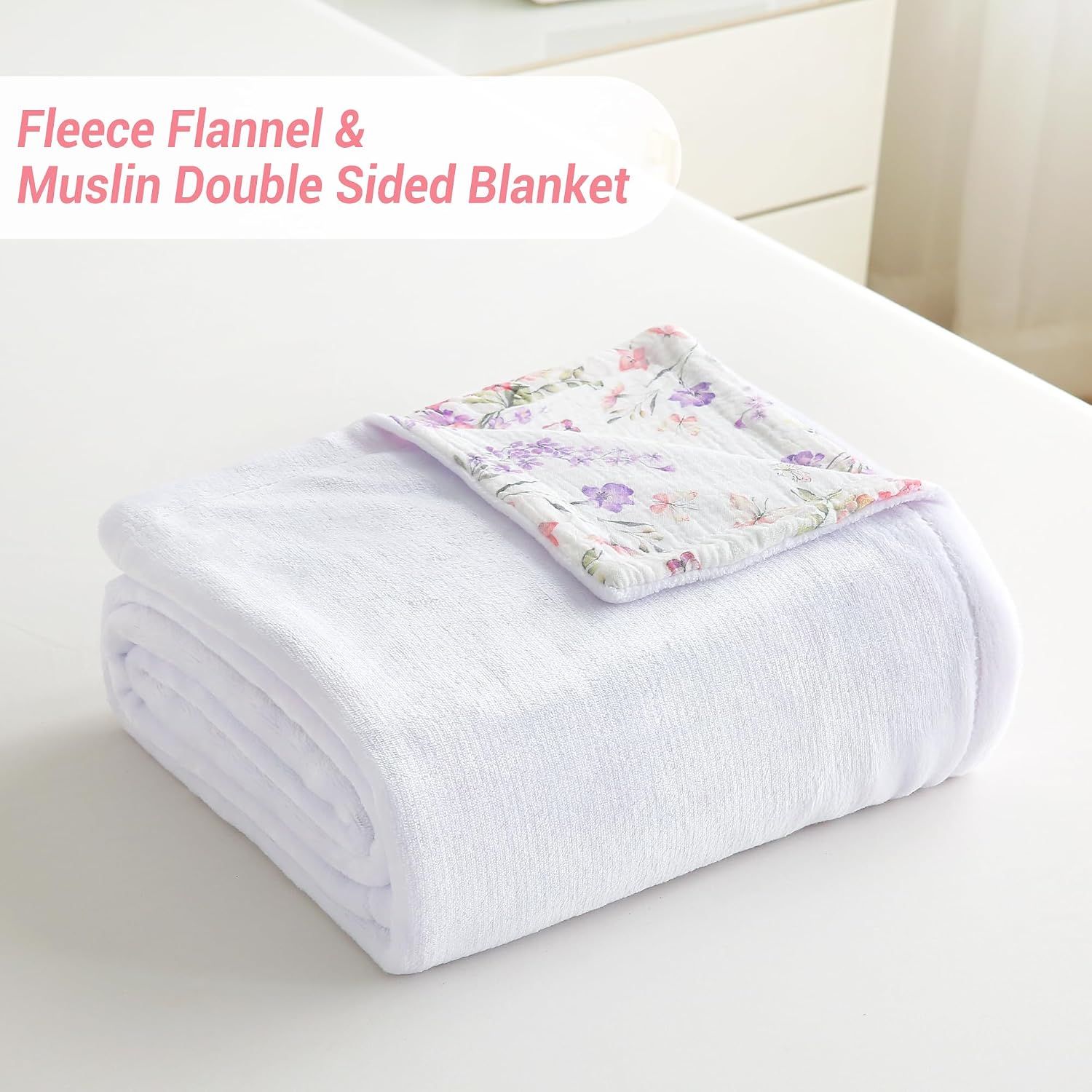 Emphasizes the reversible double-sided construction of the blanket, showing both the fleece flannel and muslin sides for versatile use.