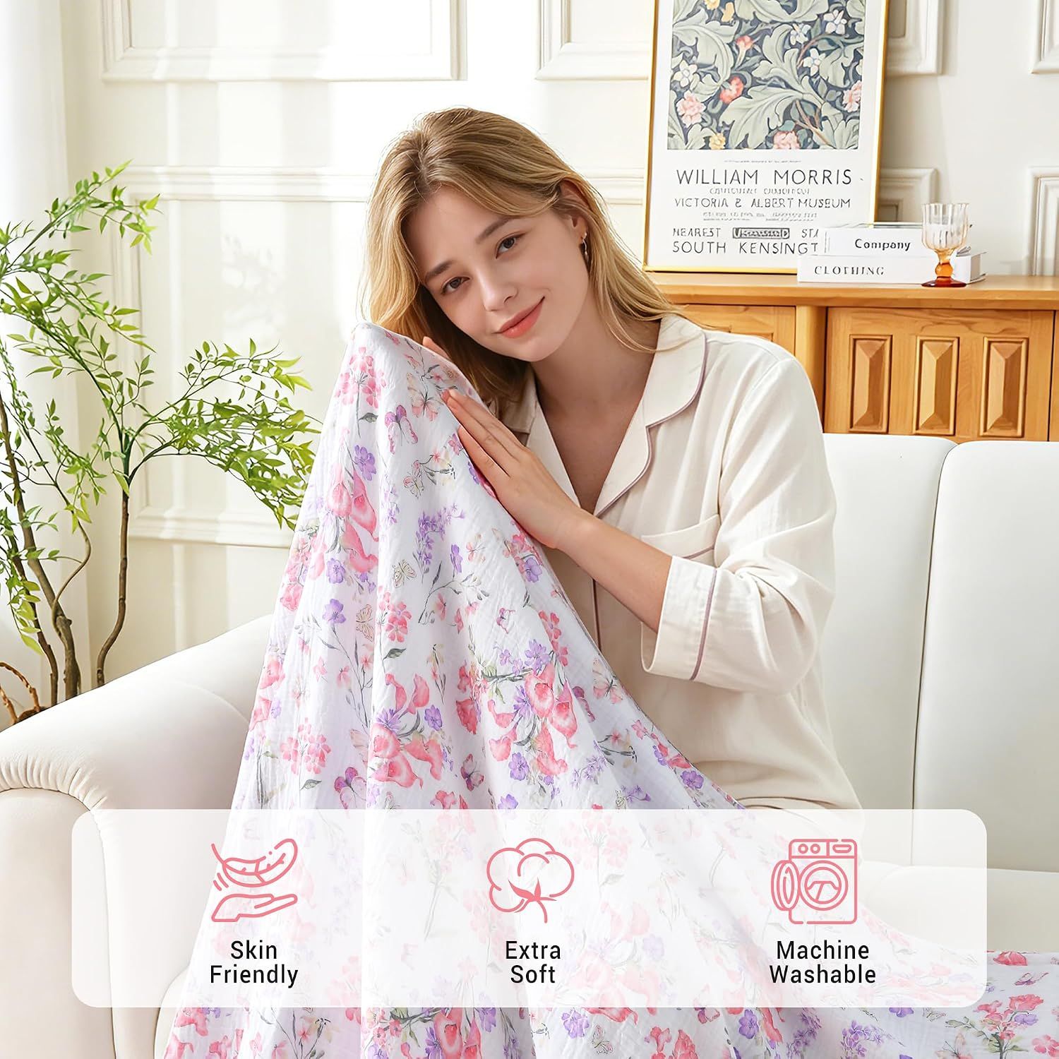 Presents three key benefits in a segmented layout with icons, emphasizing the blanket's skin-friendly materials, softness, and easy care through machine washing.