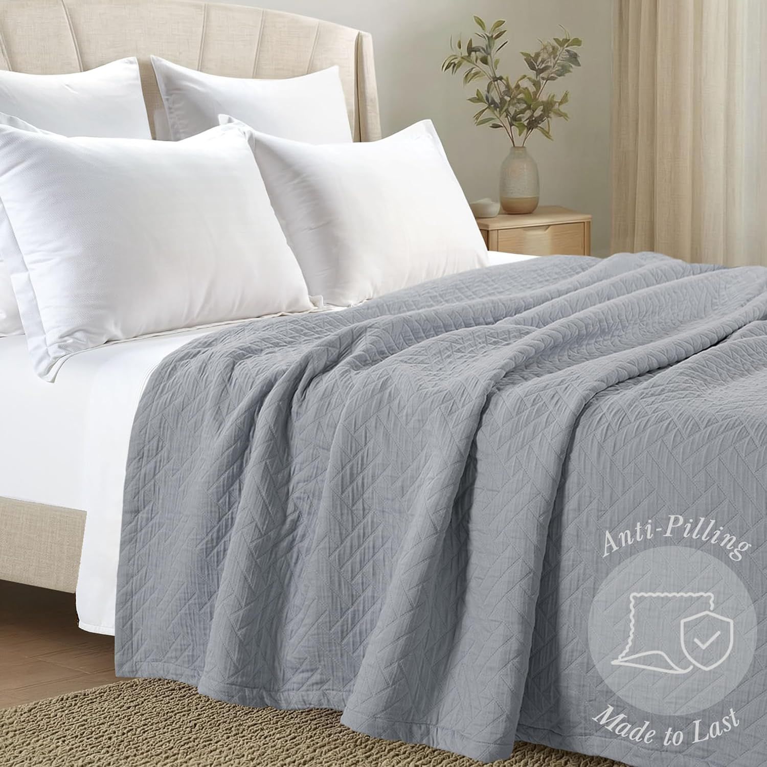 Emphasizes the product's anti-pilling construction and durability to reassure shoppers that the coverlet is made to last.