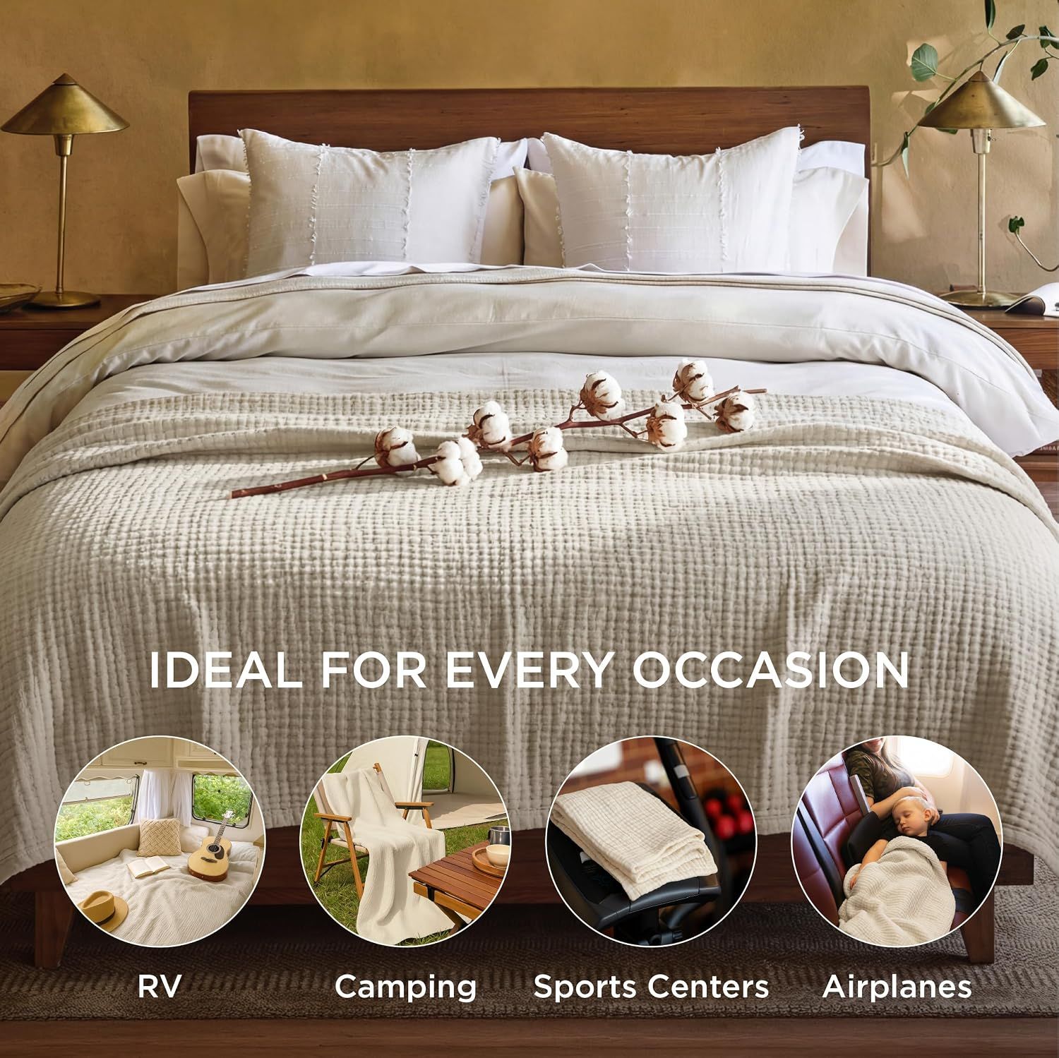 Demonstrates the versatility of the blanket by showing it can be used in multiple different environments and scenarios, from travel to outdoor activities.